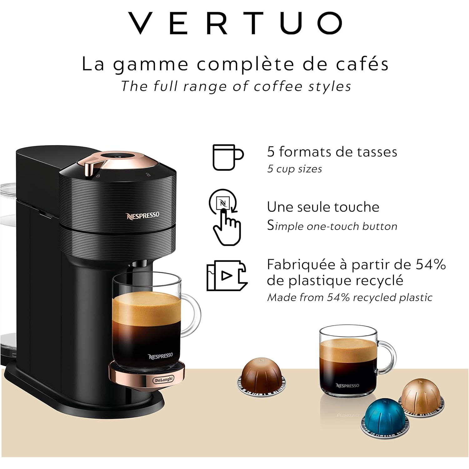 Boîte ouverte - machine à café/espresso Nespresso Vertuo Next Premium de de'Longhi - Noir/Rose doré