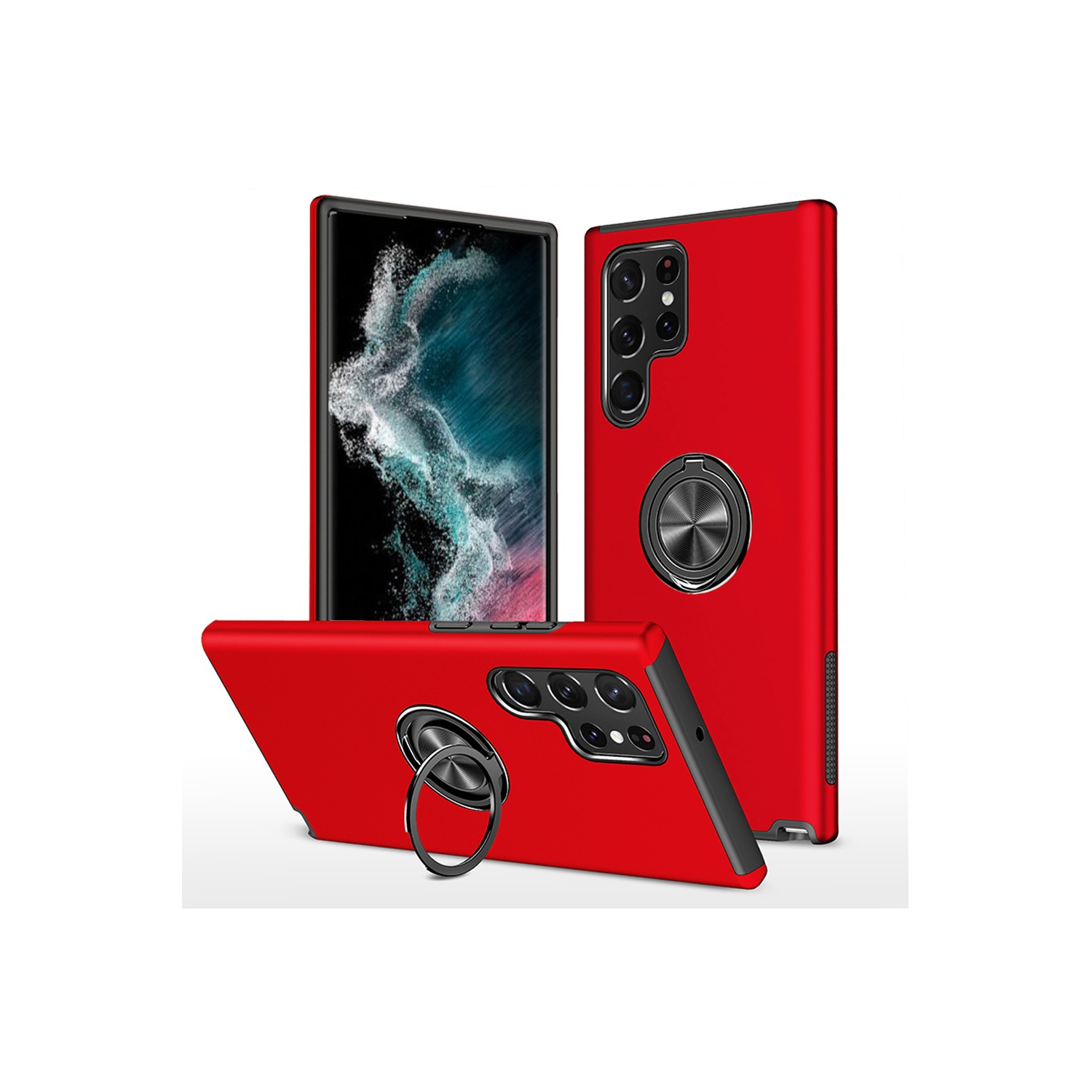 [CS] Hybrid Magnetic Kickstand Invisible Ring Case Cover for Samsung Galaxy S22 Ultra, Red