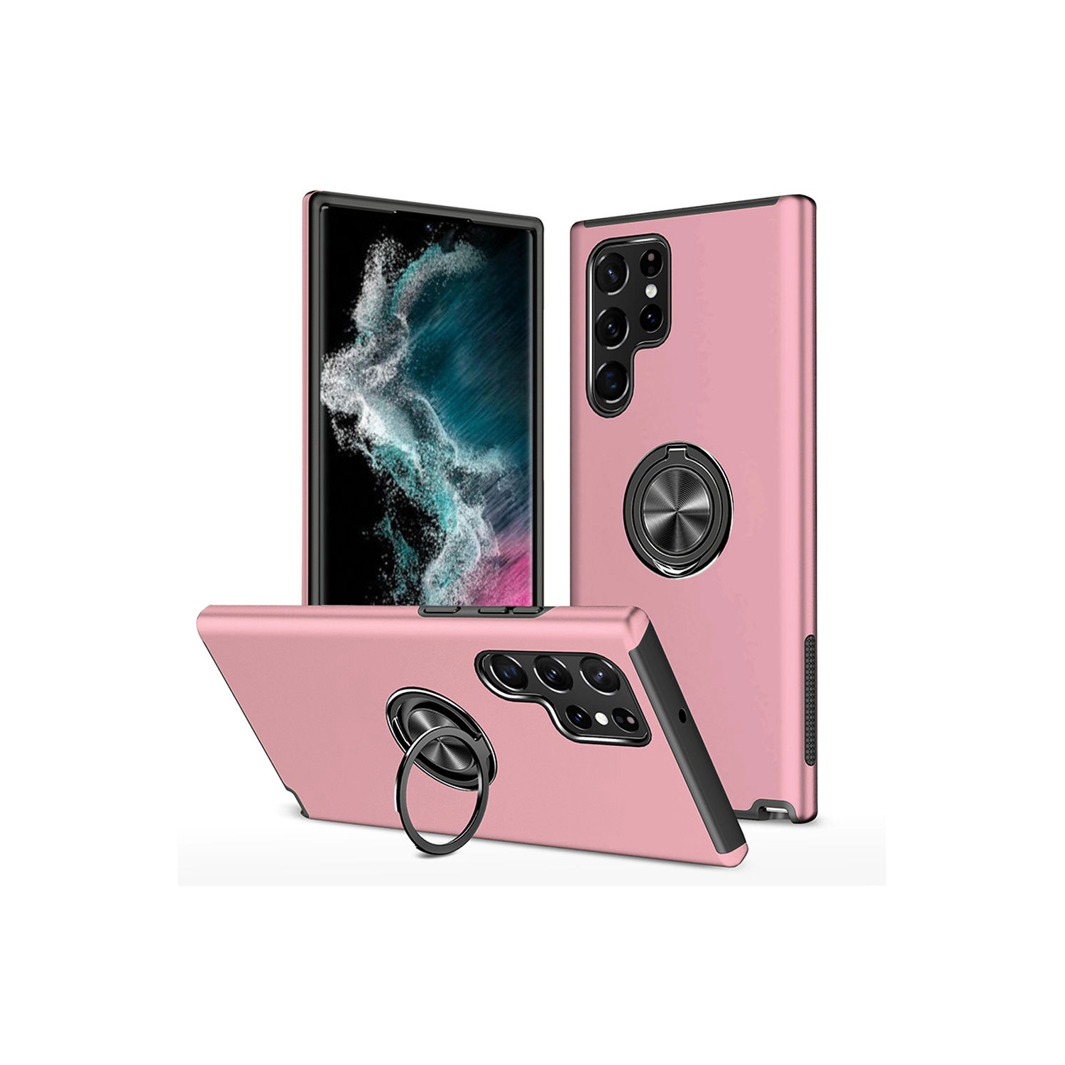 [CS] Hybrid Magnetic Kickstand Invisible Ring Case Cover for Samsung Galaxy S22 Ultra, Rose Gold