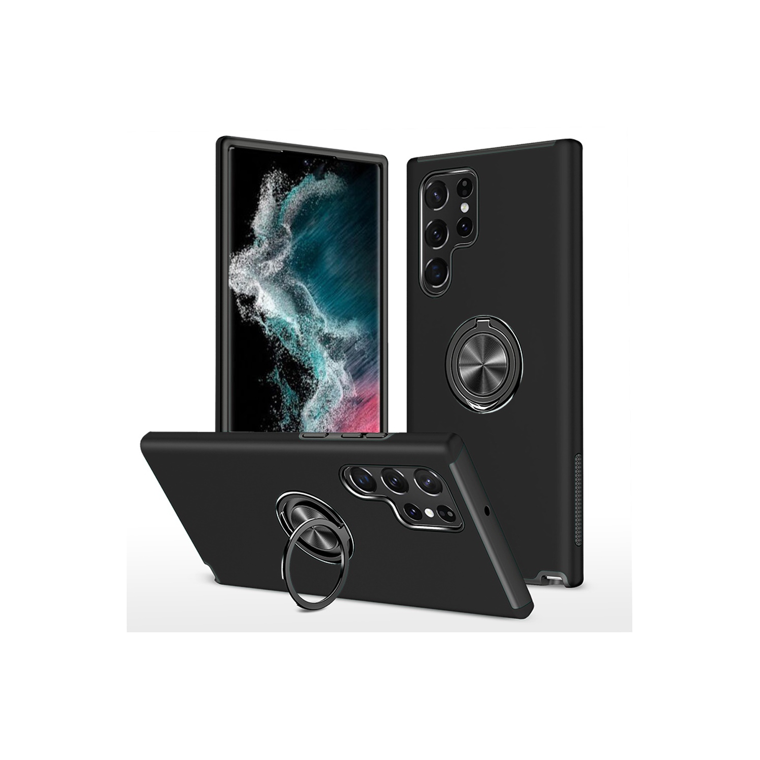 [CS] Hybrid Magnetic Kickstand Invisible Ring Case Cover for Samsung Galaxy S22 Ultra, Black