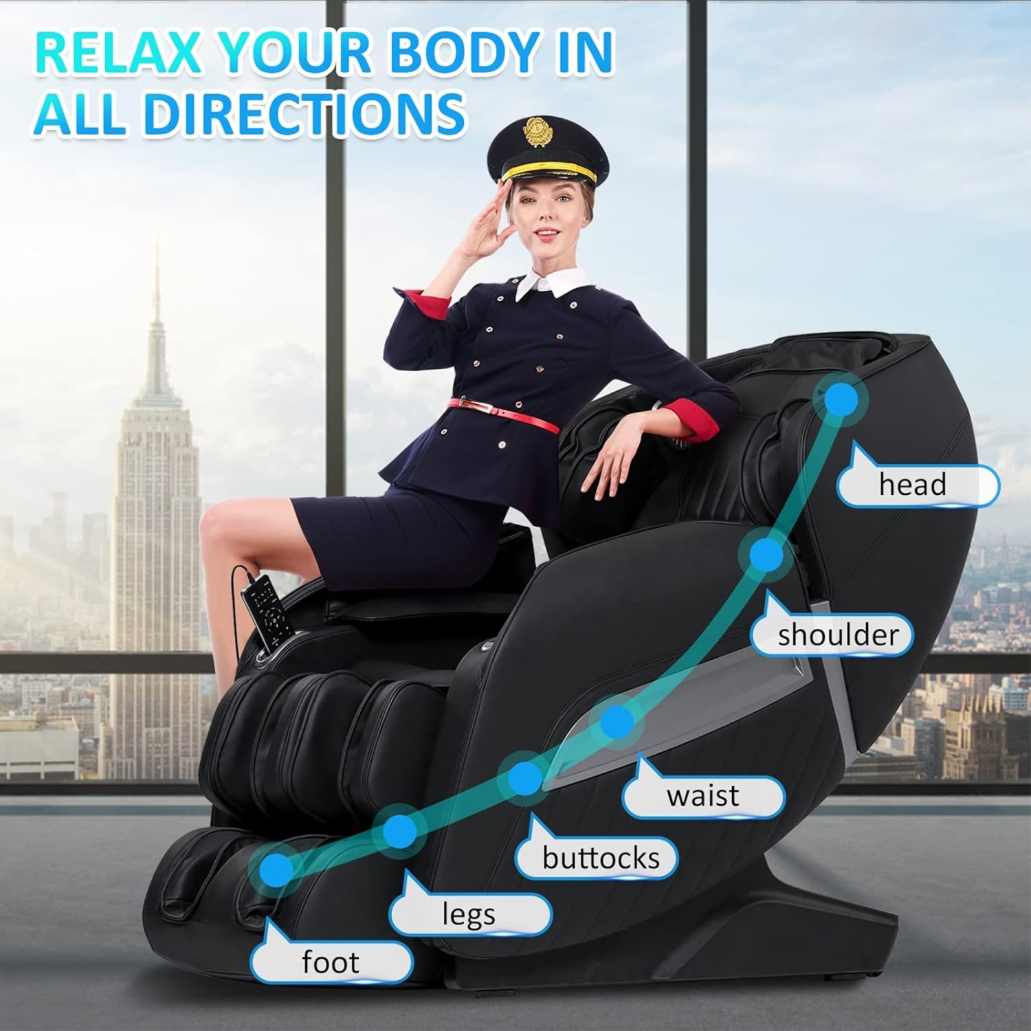 Fauteuil massage tout le corps chauffant et inclinable similicuir à commande vocale/recharge USB de Medfinity - Noir