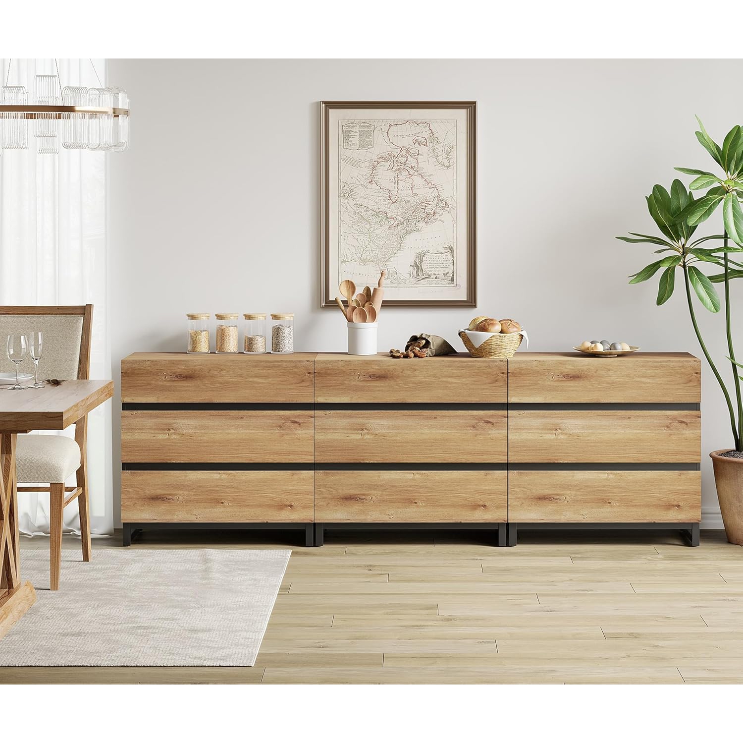 WAMPAT Multifunctional Buffet Sideboards, 3 in 1 Modern Sideboard with 9 Drawers, Storage Cabinet for Kitchen, Coffee Bar Cabinet,Oak