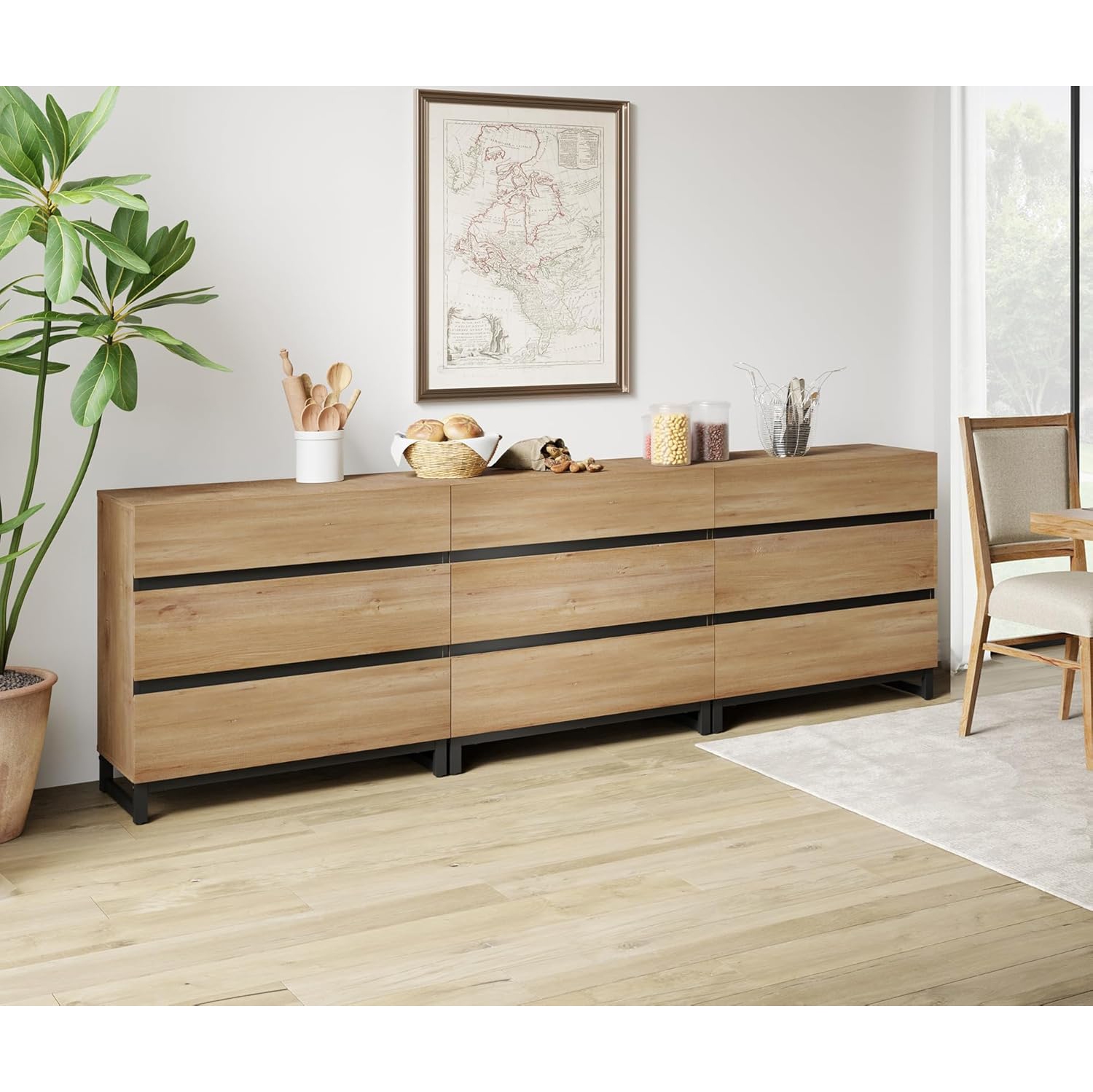 WAMPAT Multifunctional Buffet Sideboards, 3 in 1 Modern Sideboard with 9 Drawers, Storage Cabinet for Kitchen, Coffee Bar Cabinet,Oak