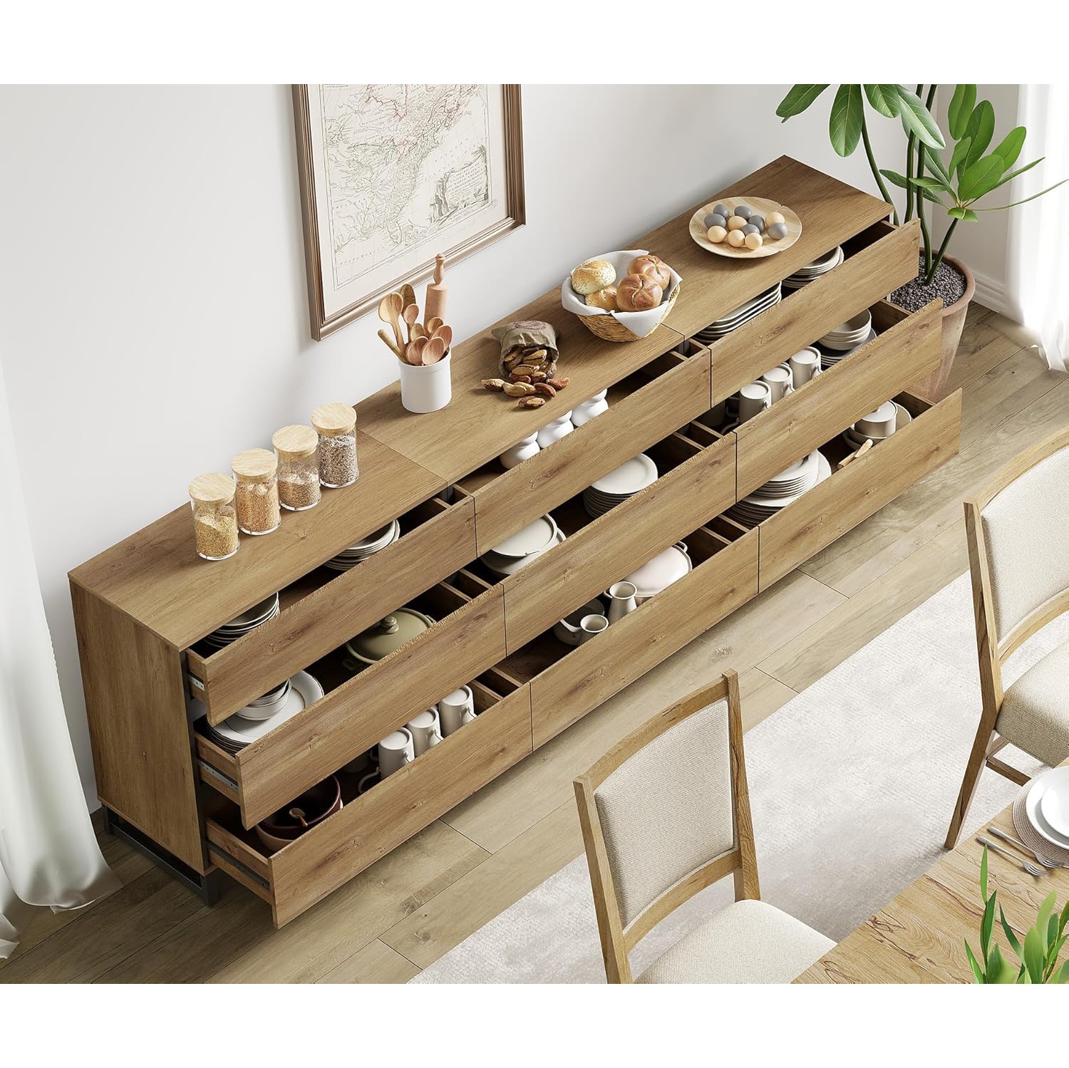 WAMPAT Multifunctional Buffet Sideboards, 3 in 1 Modern Sideboard with 9 Drawers, Storage Cabinet for Kitchen, Coffee Bar Cabinet,Oak