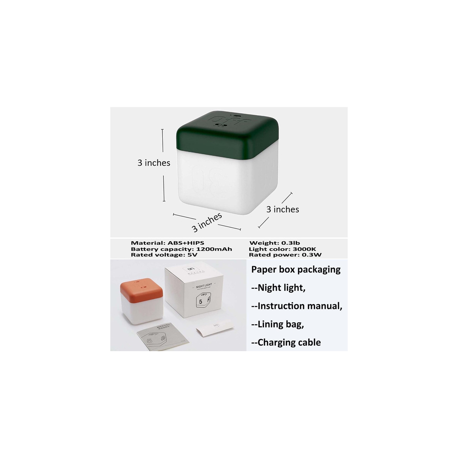 LED Cube Night Light for Kids and Adults, Flip Timer Night Lamp USB Rechargeable Baby Nursery Night Light for Breastfeeding,Movable Light Mood