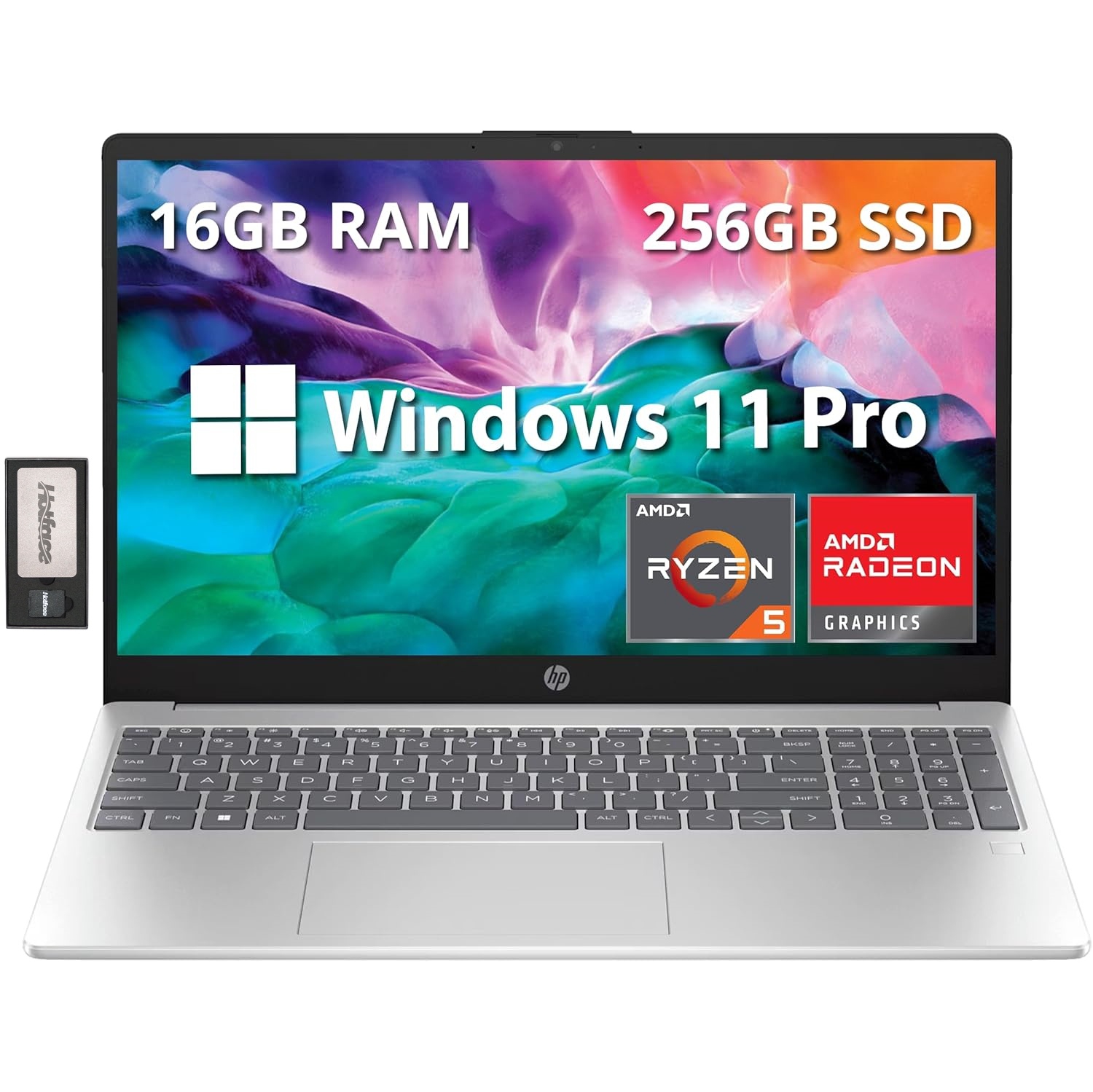 HP 15.6" Full HD Laptop, AMD Ryzen 5 7520U Processor, 256GB SSD, 16GB RAM, AMD Radeon Graphics, Bluetooth, Wi-Fi, Win11 Pro, Silver, 128GB Docking Station Set