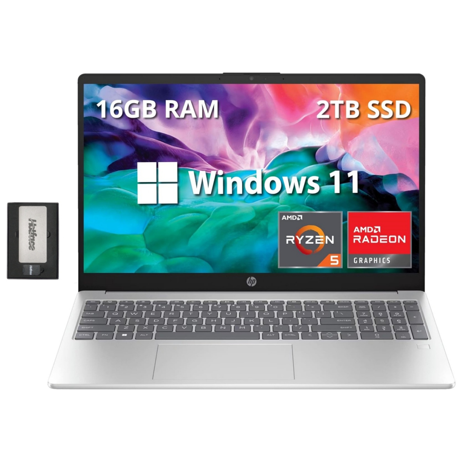 HP 15.6" Full HD Laptop, AMD Ryzen 5 7520U Processor, 2TB SSD, 16GB RAM, AMD Radeon Graphics, Bluetooth, Wi-Fi, Windows 11, Silver, 128GB Docking Station Set