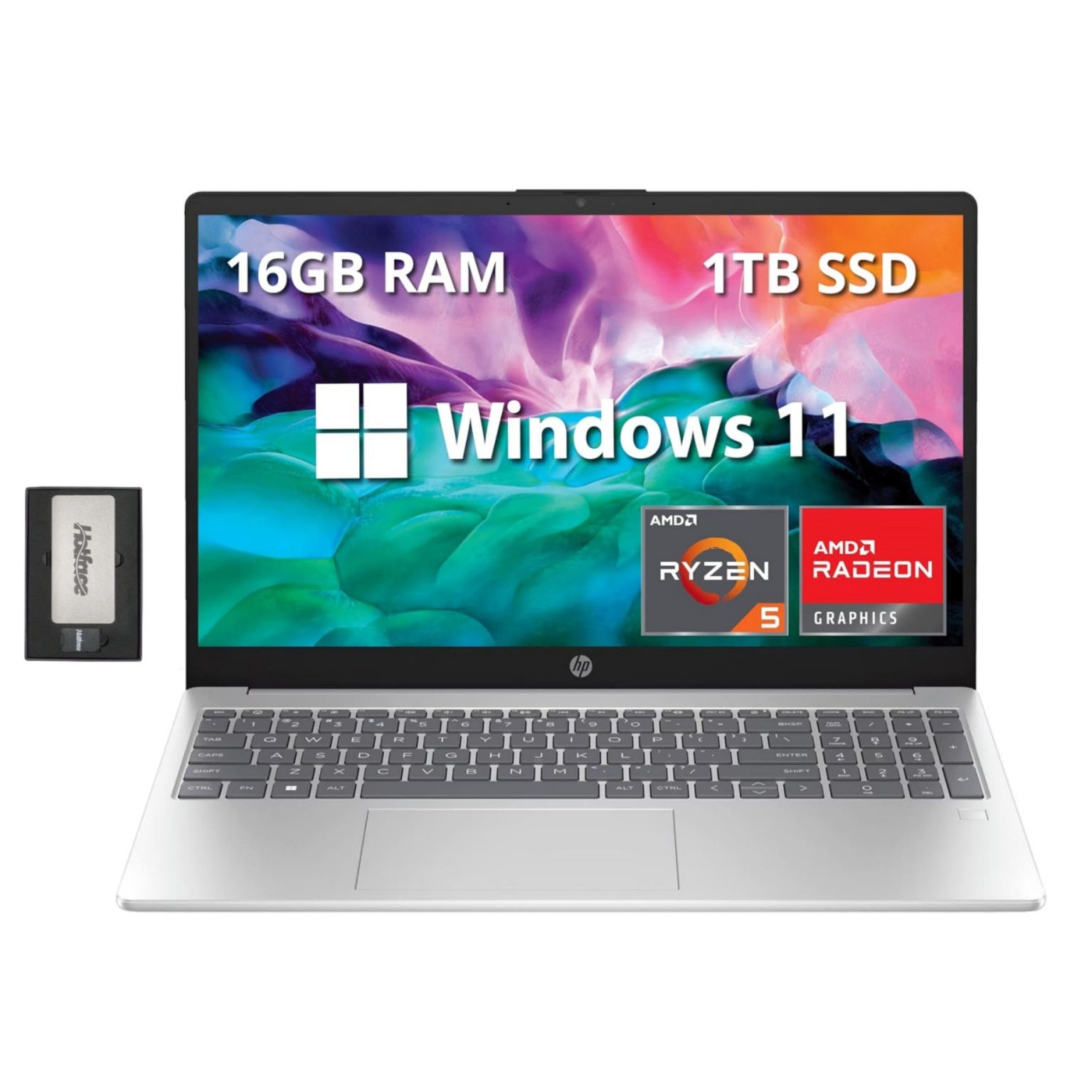 HP 15.6" Full HD Laptop, AMD Ryzen 5 7520U Processor, 1TB SSD, 16GB RAM, AMD Radeon Graphics, Bluetooth, Wi-Fi, Windows 11, Silver, 128GB Docking Station Set