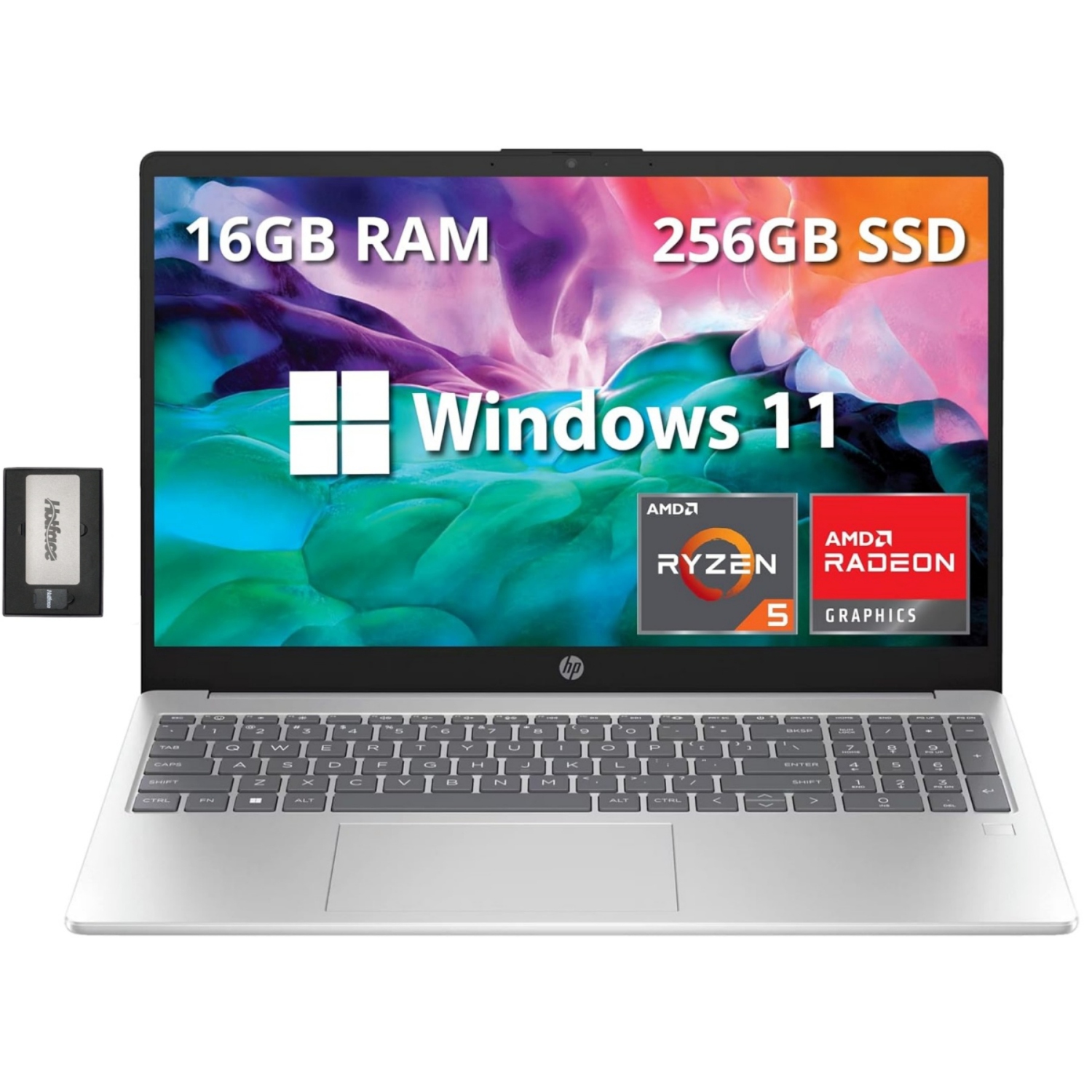 HP 15.6" Full HD Laptop, AMD Ryzen 5 7520U Processor, 256GB SSD, 16GB RAM, AMD Radeon Graphics, Bluetooth, Wi-Fi, Windows 11, Silver, 128GB Docking Station Set