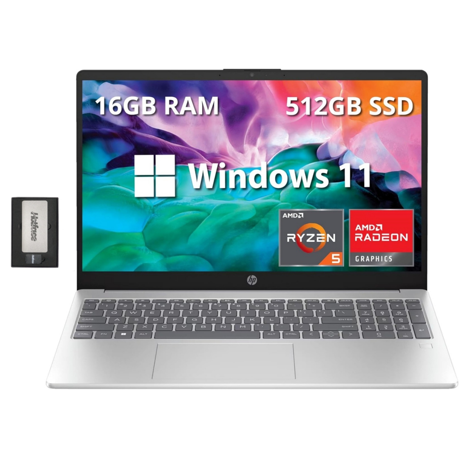 HP 15.6" Full HD Laptop, AMD Ryzen 5 7520U Processor, 512GB SSD, 16GB RAM, AMD Radeon Graphics, Bluetooth, Wi-Fi, Windows 11, Silver, 128GB Docking Station Set