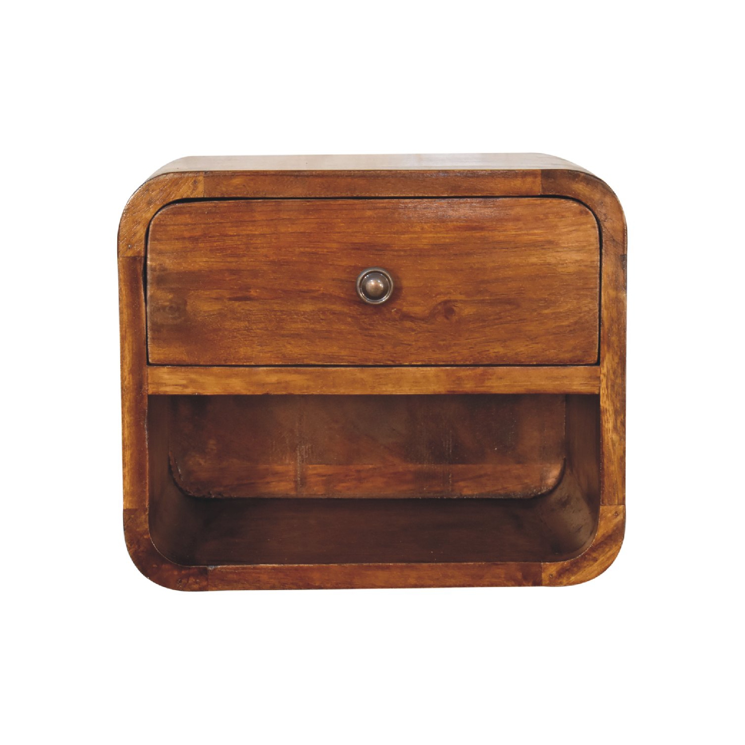 Mini table de chevet flottante incurvée en bois massif d'Artisan Furniture au fini marron