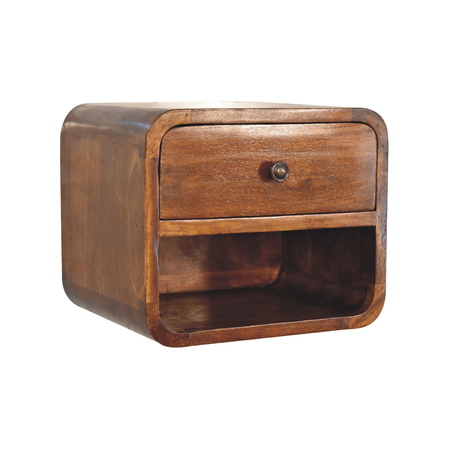 Mini table de chevet flottante incurvée en bois massif d'Artisan Furniture au fini marron