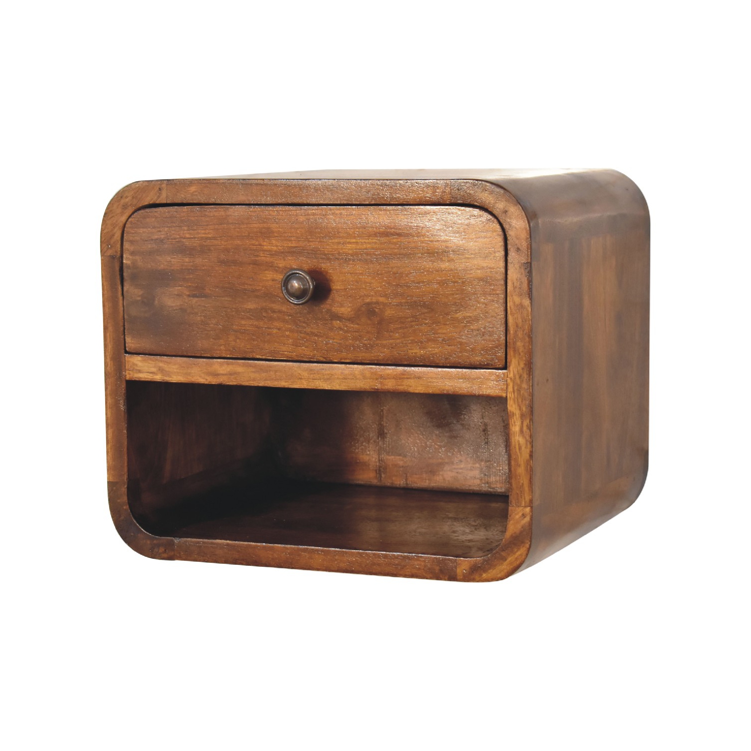 Mini table de chevet flottante incurvée en bois massif d'Artisan Furniture au fini marron