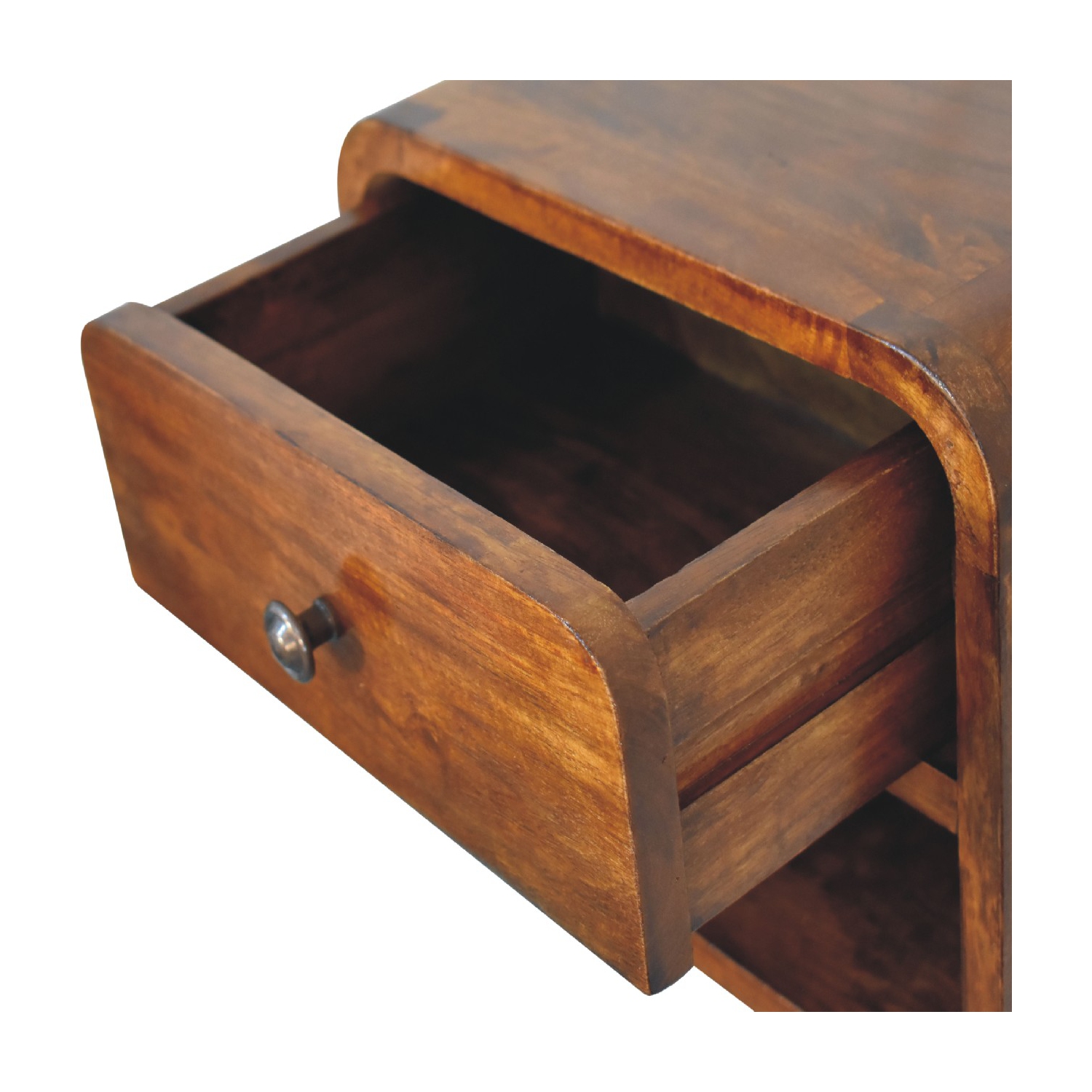 Mini table de chevet flottante incurvée en bois massif d'Artisan Furniture au fini marron