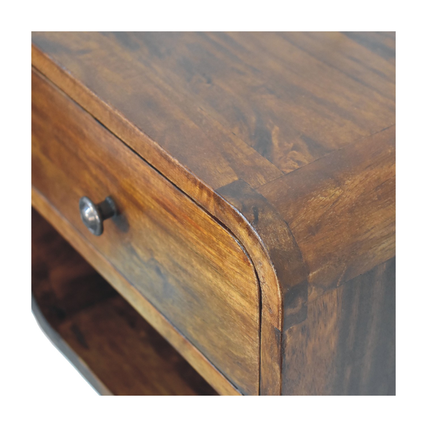 Mini table de chevet flottante incurvée en bois massif d'Artisan Furniture au fini marron