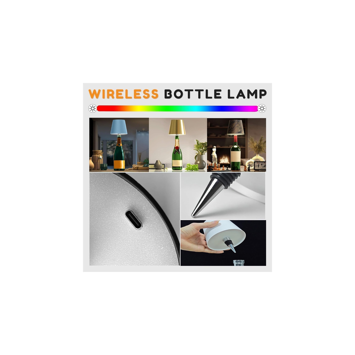 Lampe à bouteille sans fil, 2024 nouvelle tête de bouteille de vin sans fil avec 3 modes de gradation de la lumière, lampes de bouteilles de vin à
