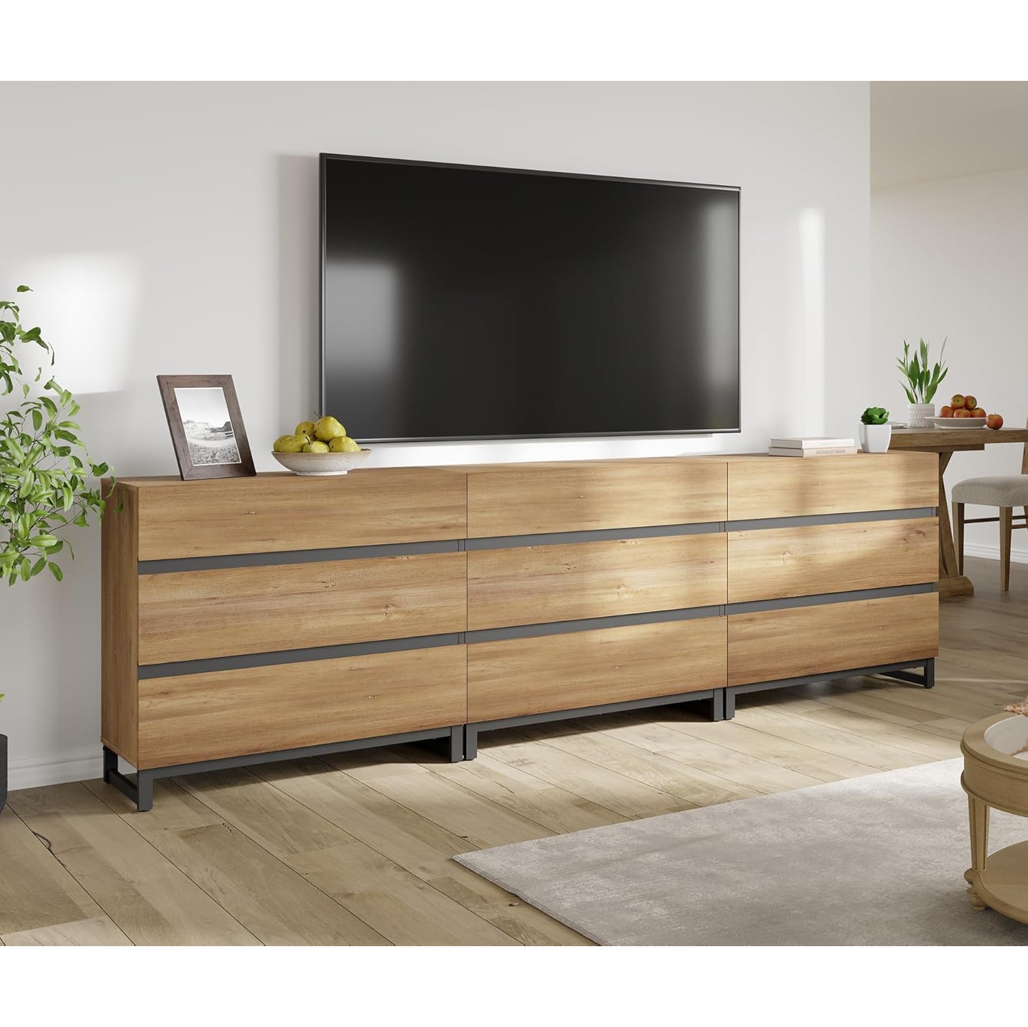 Meuble moderne pour téléviseur WAMPAT pour téléviseurs jusqu'à 100&nbsp;po, console de téléviseur avec 9 tiroirs et base en métal, console multimédia