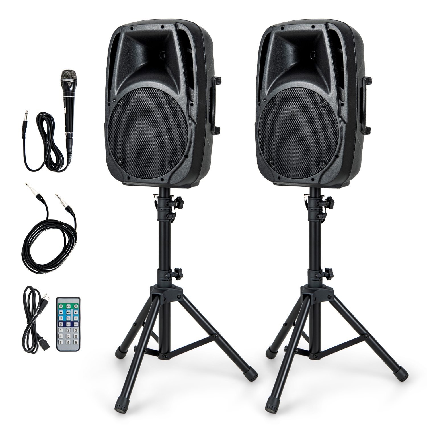 Costway 1600W 2-Way Powered Speakers, Portable PA Speaker System with 2 Speaker Stands and Microphone, Professional DJ Speakers with Bluetooth, USB/SD Card Input, FM Radio, Remote