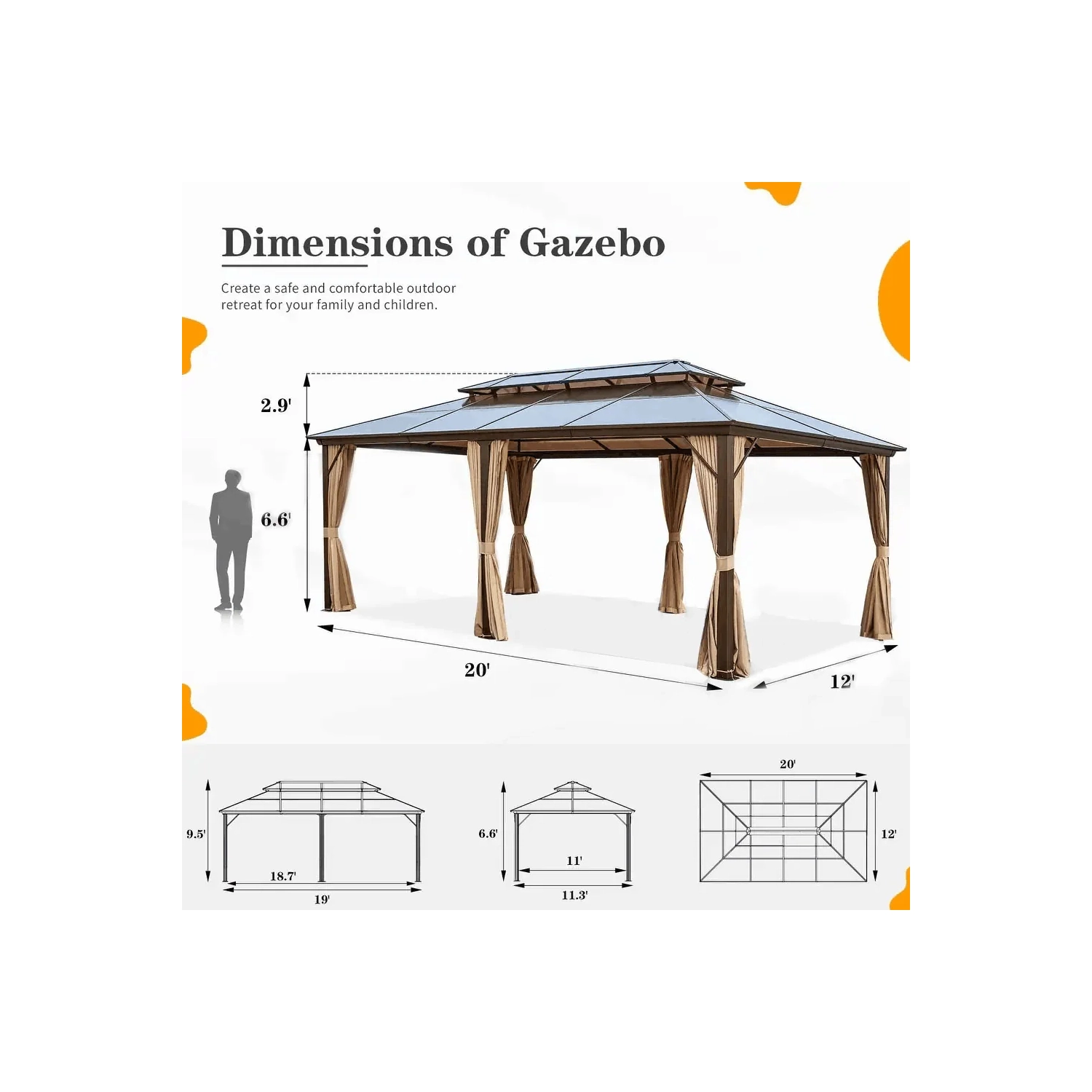 Erommy 12' x 20' Outdoor Double Roof Permanent Hardtop Gazebo Pergola with Prime Netting and Curtains