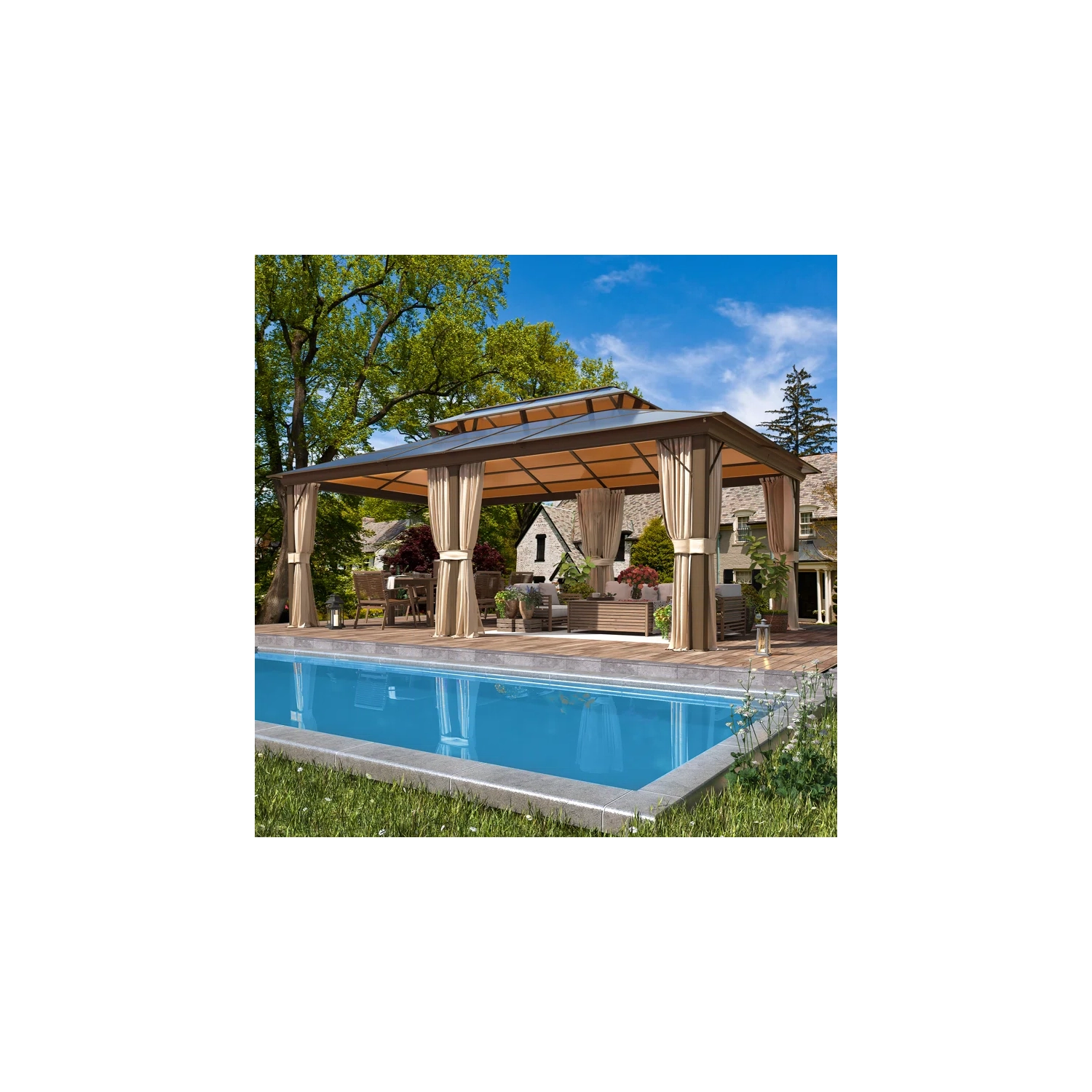 Erommy 12' x 20' Outdoor Double Roof Permanent Hardtop Gazebo Pergola with Prime Netting and Curtains