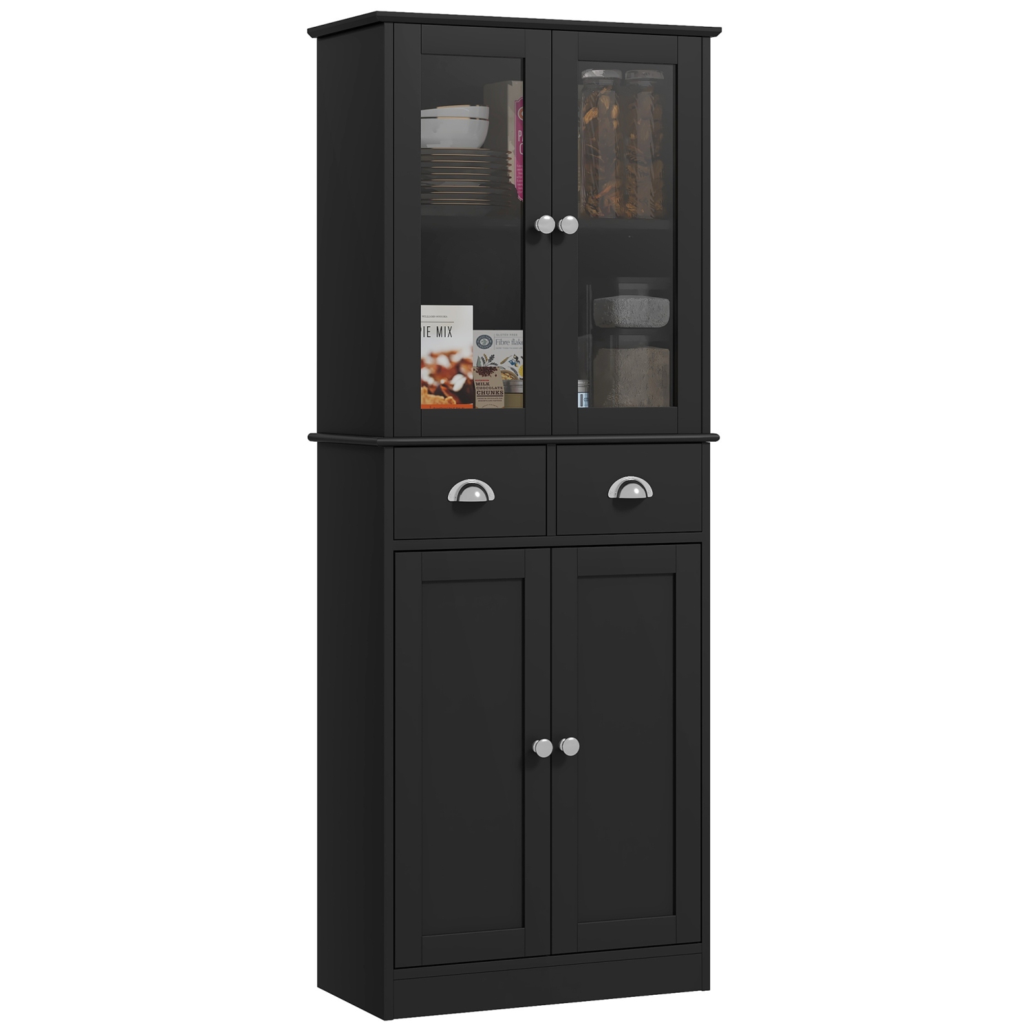 HOMCOM 61" Kitchen Pantry Cabinet, Freestanding Farmhouse Buffet Storage Cabinet with Soft Close Glass Doors and Adjustable Shelves, Black