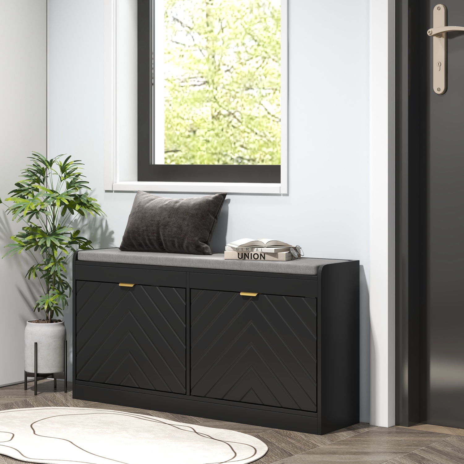 HOMCOM Shoe Bench, Entryway Bench with 2 Flip Drawers, Seating Cushion and 4 Vents for 8 Pairs of Shoes for Hallway, Living Room, Black