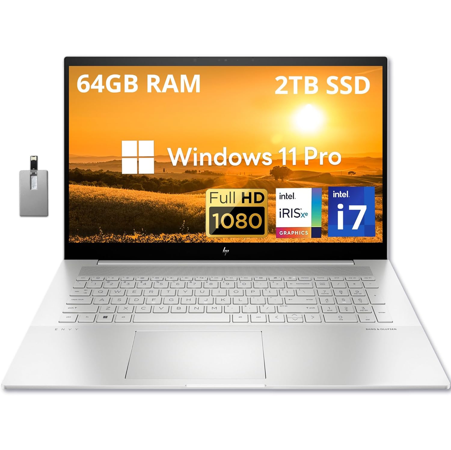 Open Box - HP Envy 17.3" FHD Laptop, Intel Core i7-1260P, 2TB PCIe SSD, 64GB DDR4 RAM, Backlit Keyboard, Intel Iris Xe Graphics, Win 11 Pro, Silver, 32GB USB Card