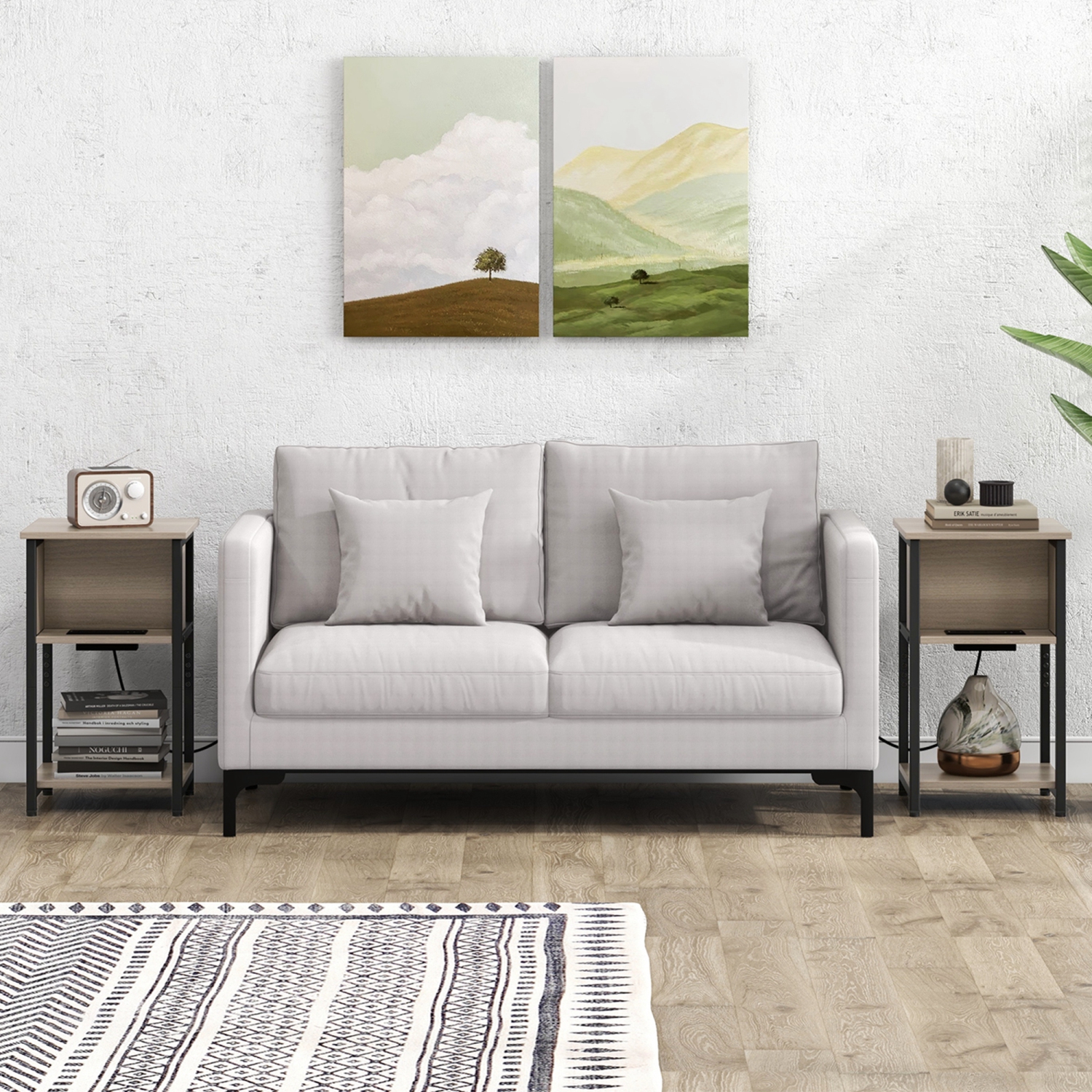 Costway 2 PCS Nightstand 3-Tier End Table with Charging Station USB Ports & Power Outlets Grey & Black