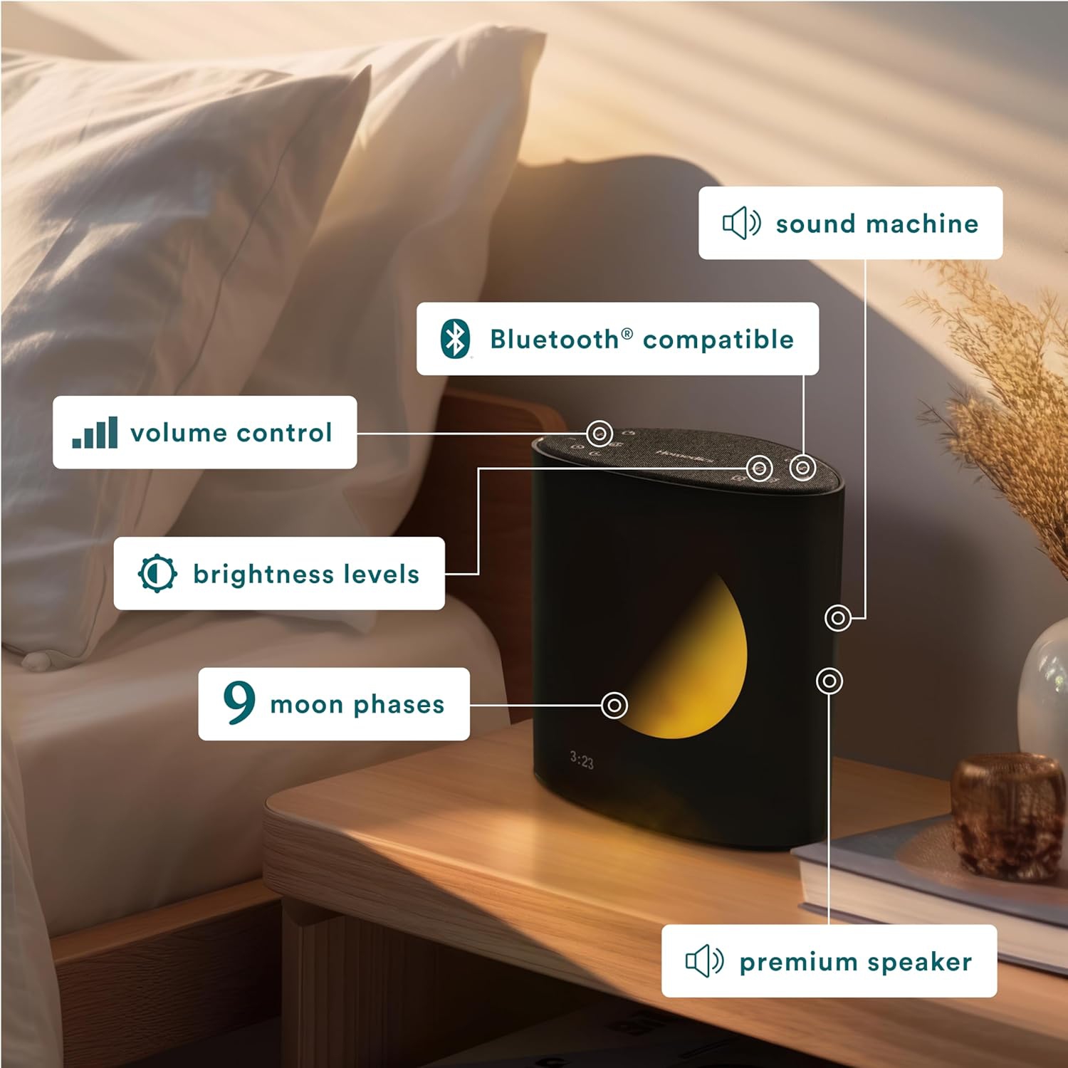 Homedics Sound Sleep Moon Dream Sound Machine and Alarm Clock, Enhance Sleep,18 Soothing Sounds, Lunar Display, Bluetooth® Connectivity Speaker, and