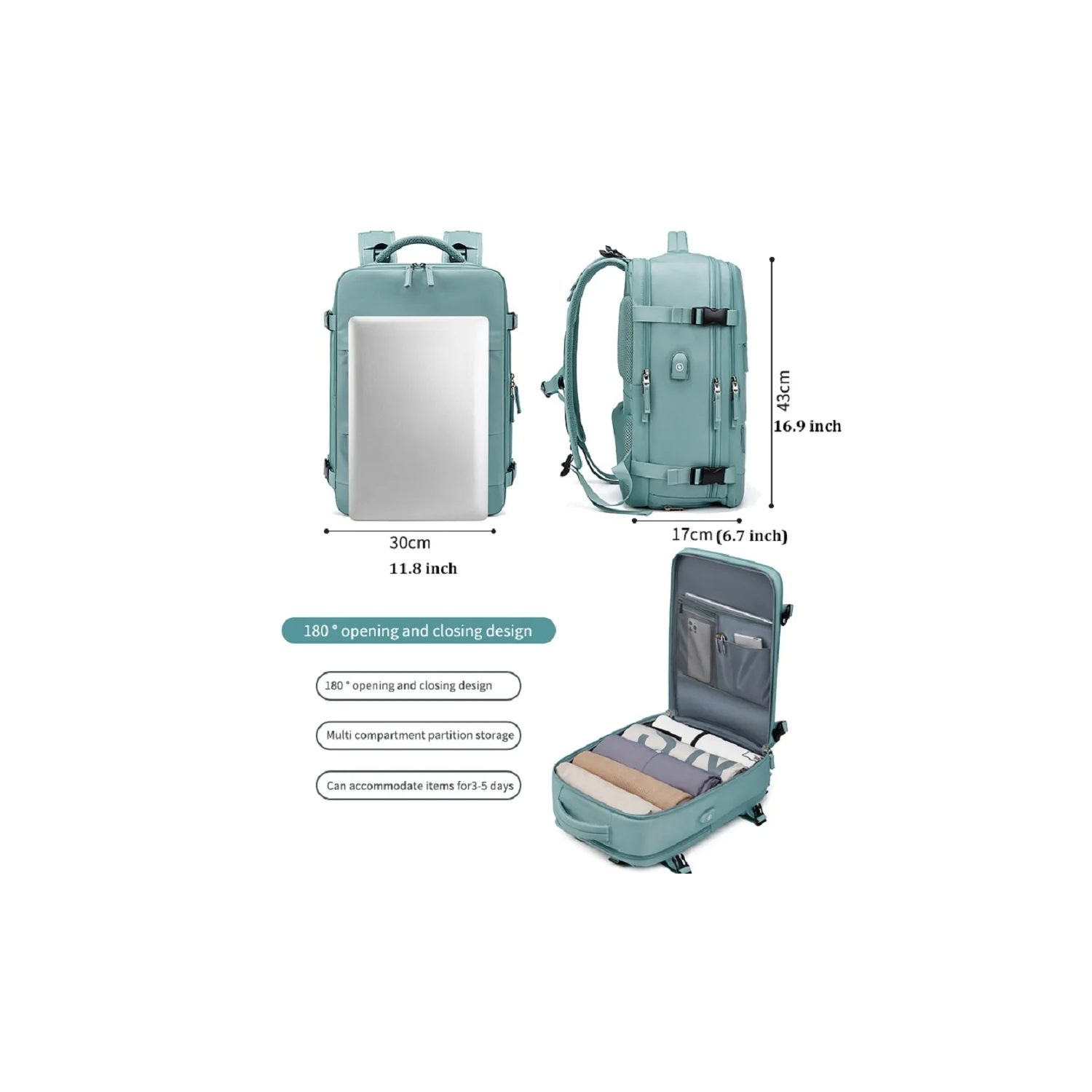 Large Travel Backpack for Men -Women - Waterproof Outdoor Sports Rucksack with USB Charging Port, Fits 15.6 Inch Laptop, Shoes Compartment - Ideal