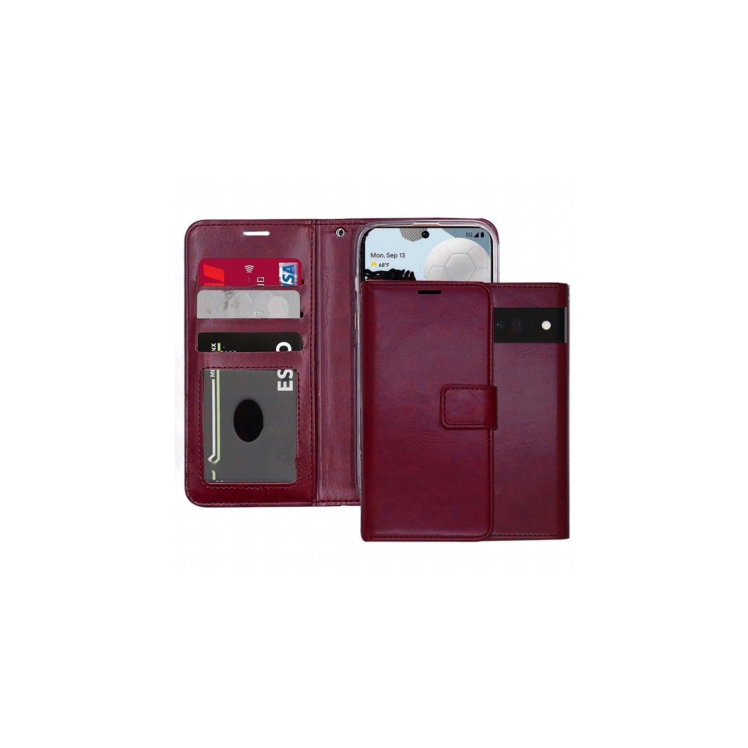 [CS] Étui portefeuille folio à rabat avec fente pour carte magnétique pour Google Pixel 9/Pixel 9 Pro, vin