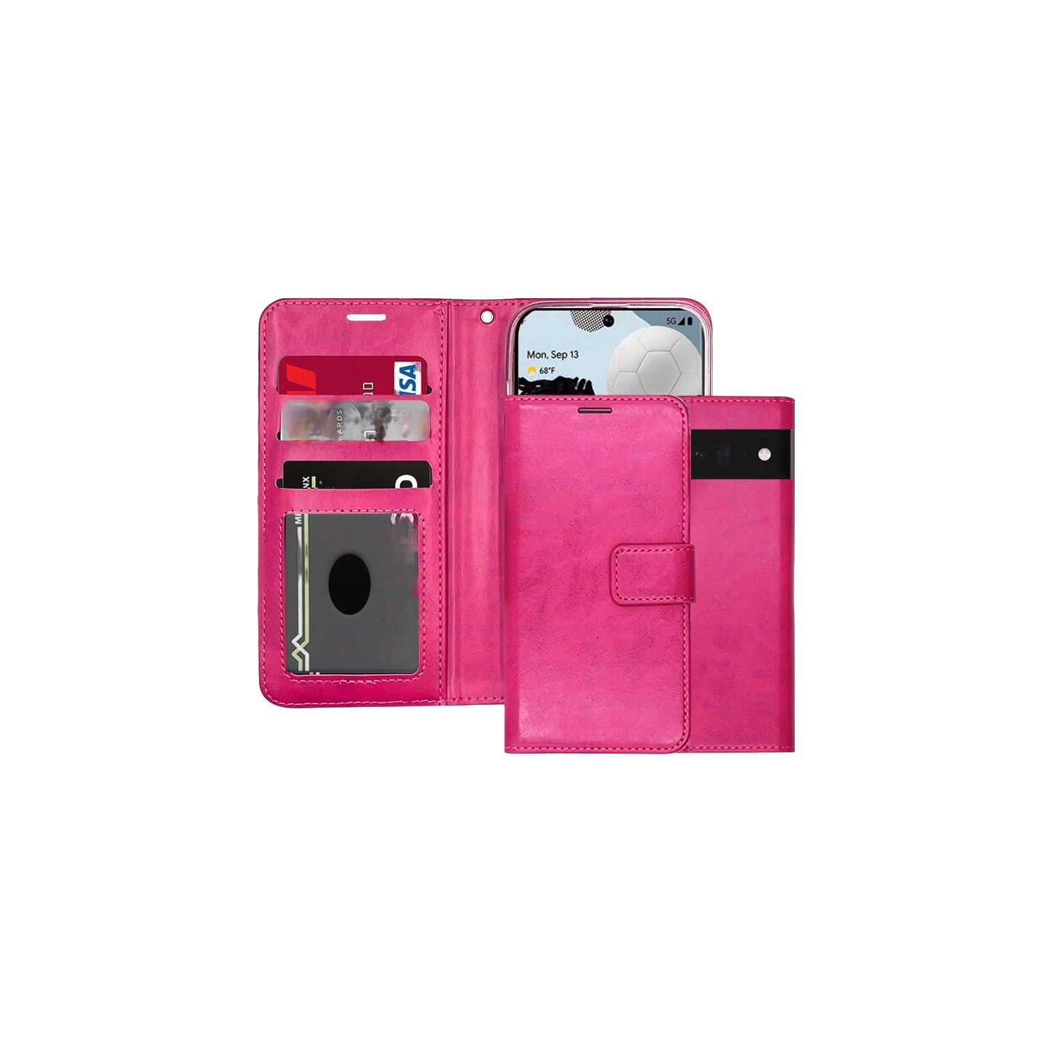 [CS] Étui portefeuille folio en cuir avec fente pour carte magnétique pour Pixel 9 Pro XL de Google, rose vif