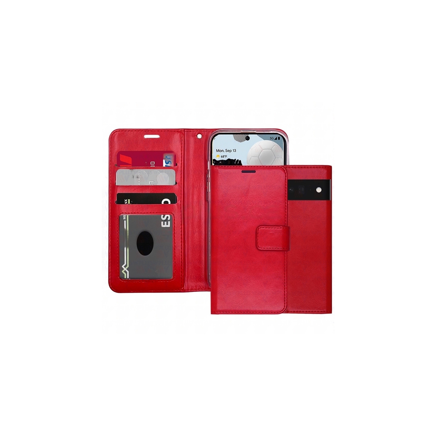 [CS] Magnetic Card Slot Leather Folio Wallet Flip Case Cover for Google Pixel 9 Pro XL, Red