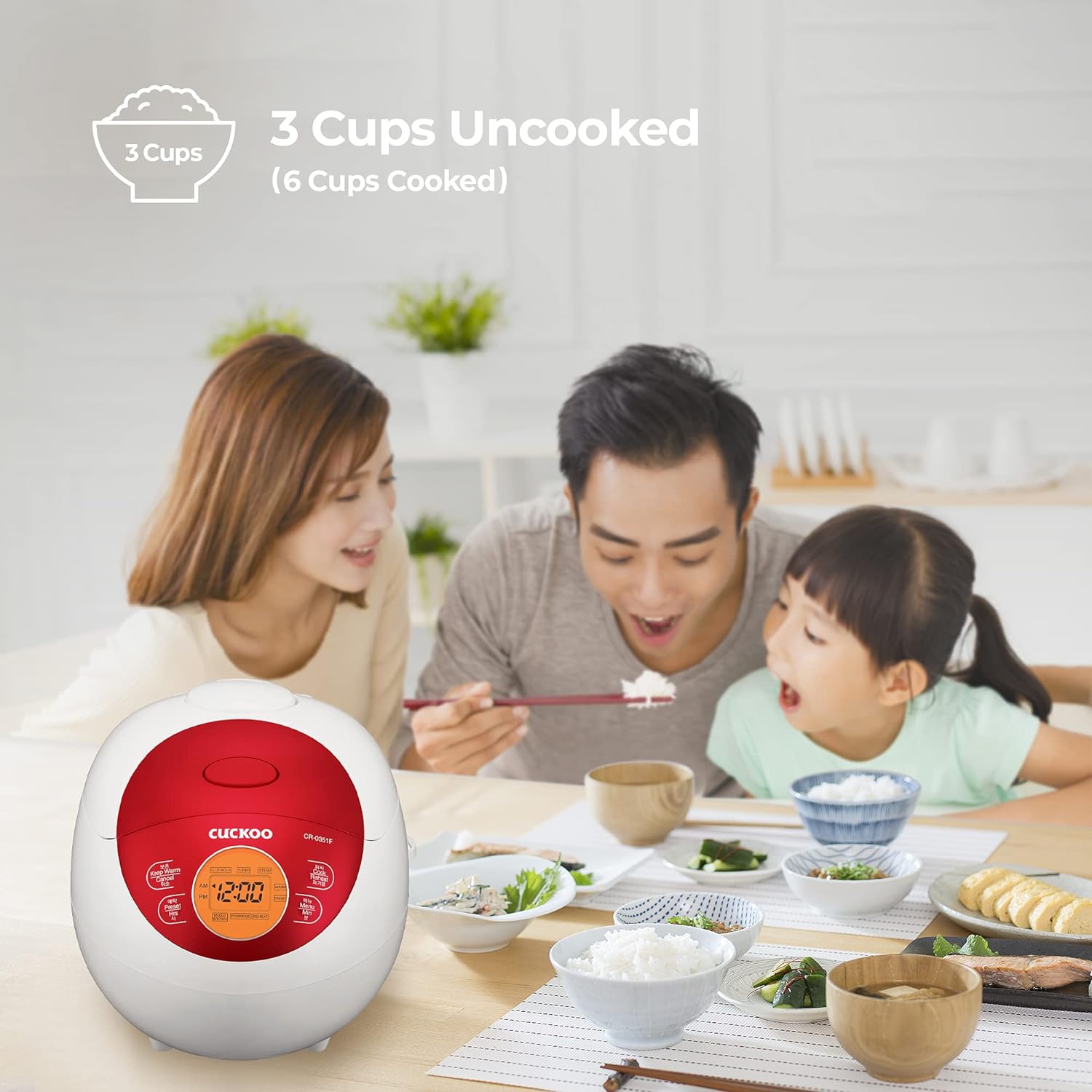CUCKOO CR-0351FR 3-Cup Electric Warmer Rice Cooker with Nonstick Inner Pot, 5 Menu Modes, LCD Display, Fuzzy Logic Tech