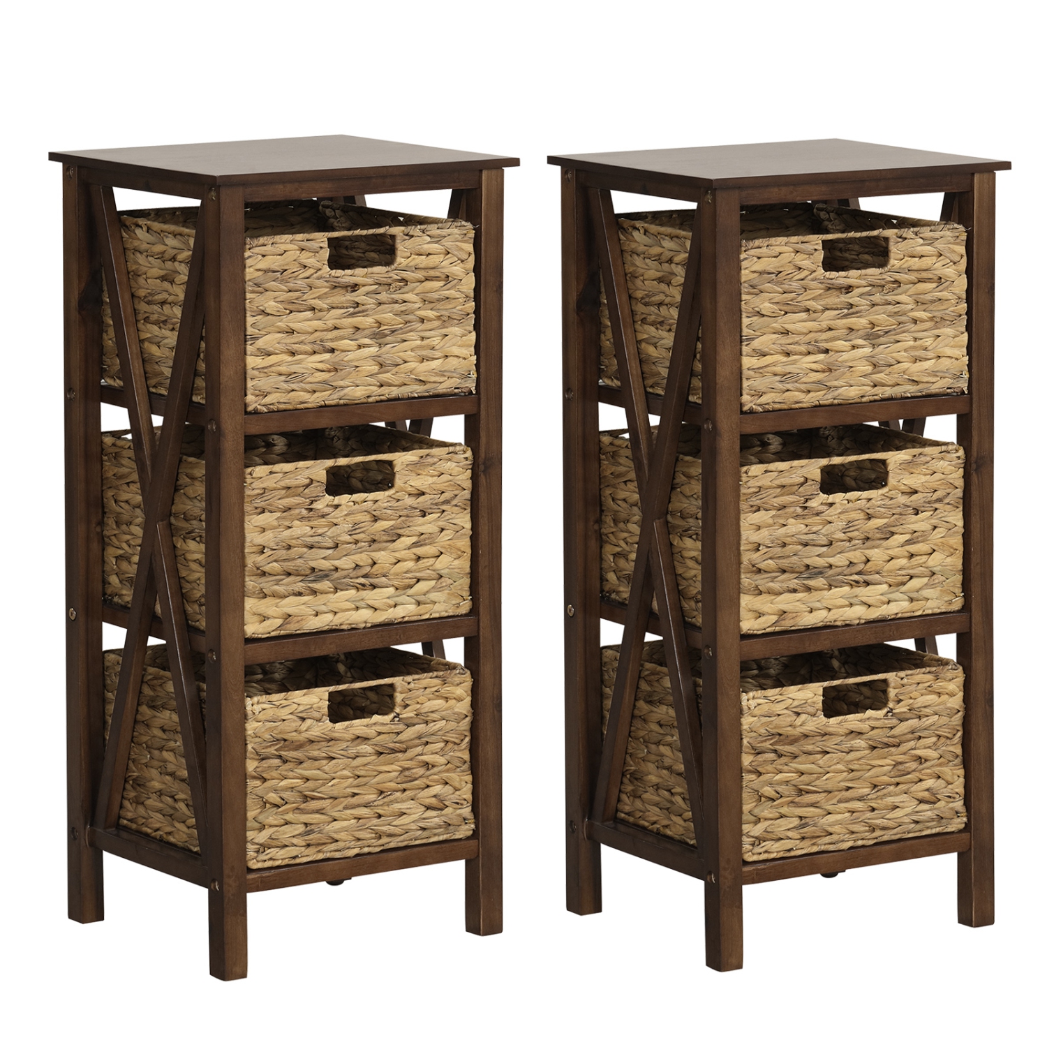 Costway 2 PCS 3-Tier Nightstand with 3 Seagrass Baskets Rubber Wood X-Shaped Frames 3 Drawers