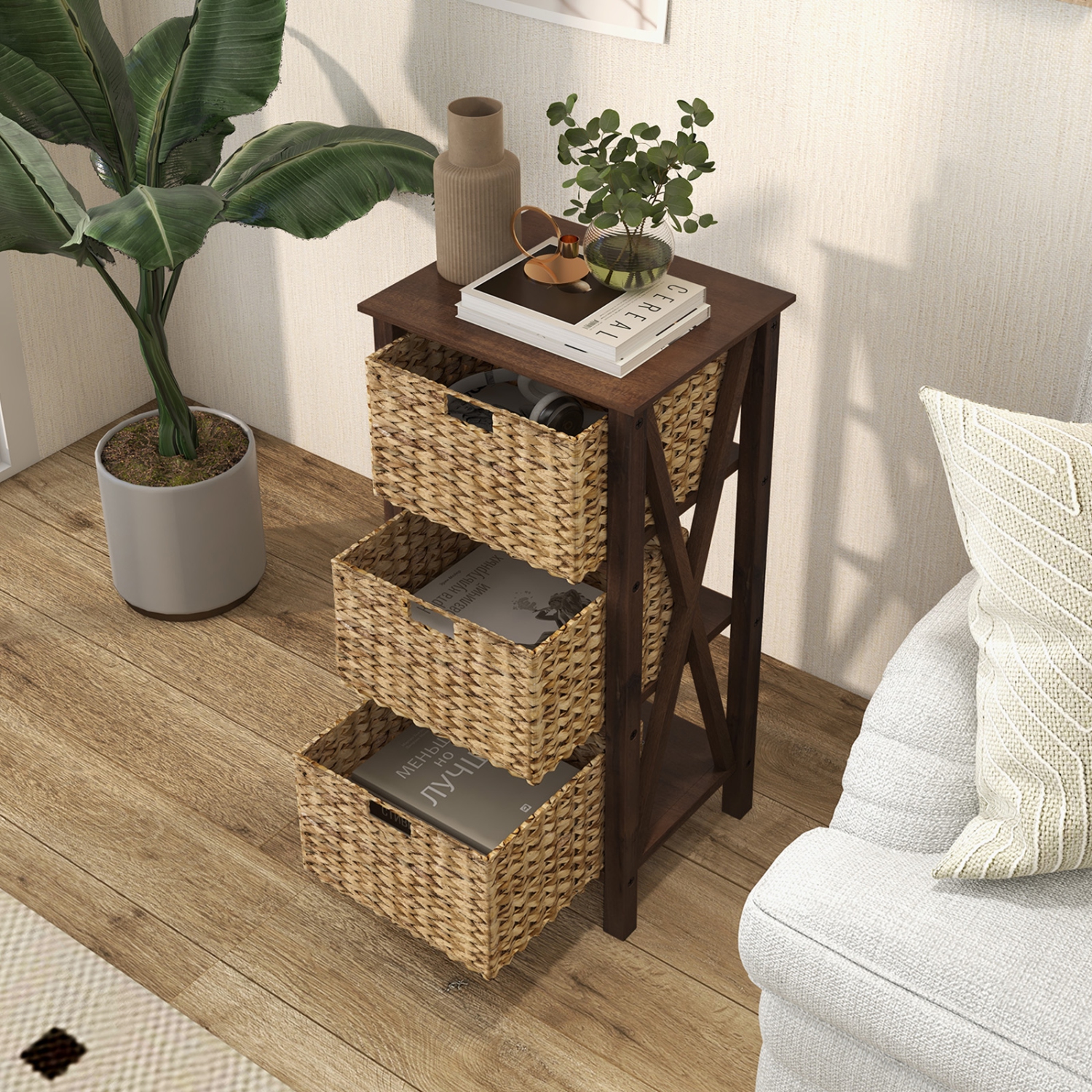Costway 2 PCS 3-Tier Nightstand with 3 Seagrass Baskets Rubber Wood X-Shaped Frames 3 Drawers