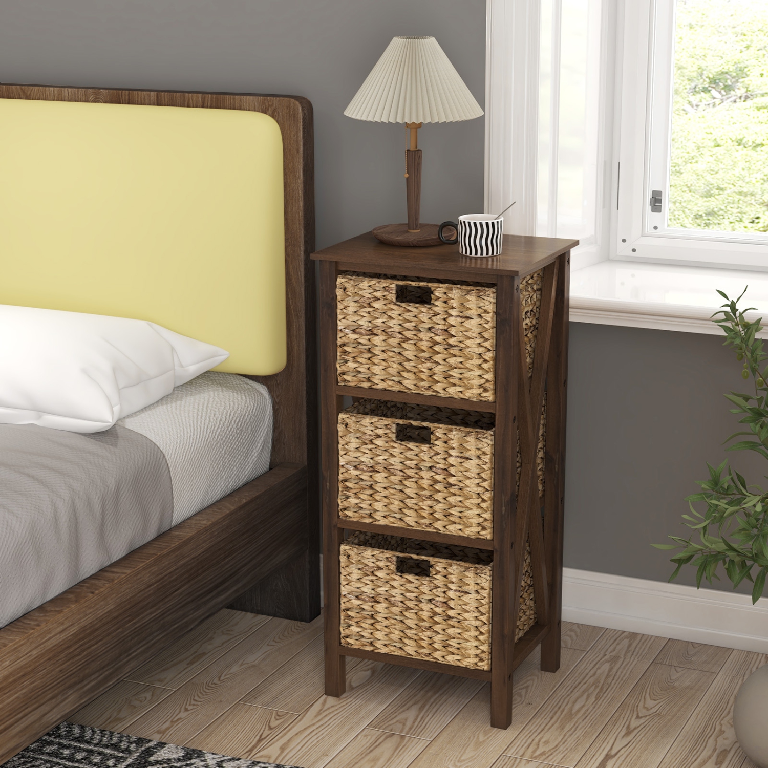 Costway 2 PCS 3-Tier Nightstand with 3 Seagrass Baskets Rubber Wood X-Shaped Frames 3 Drawers