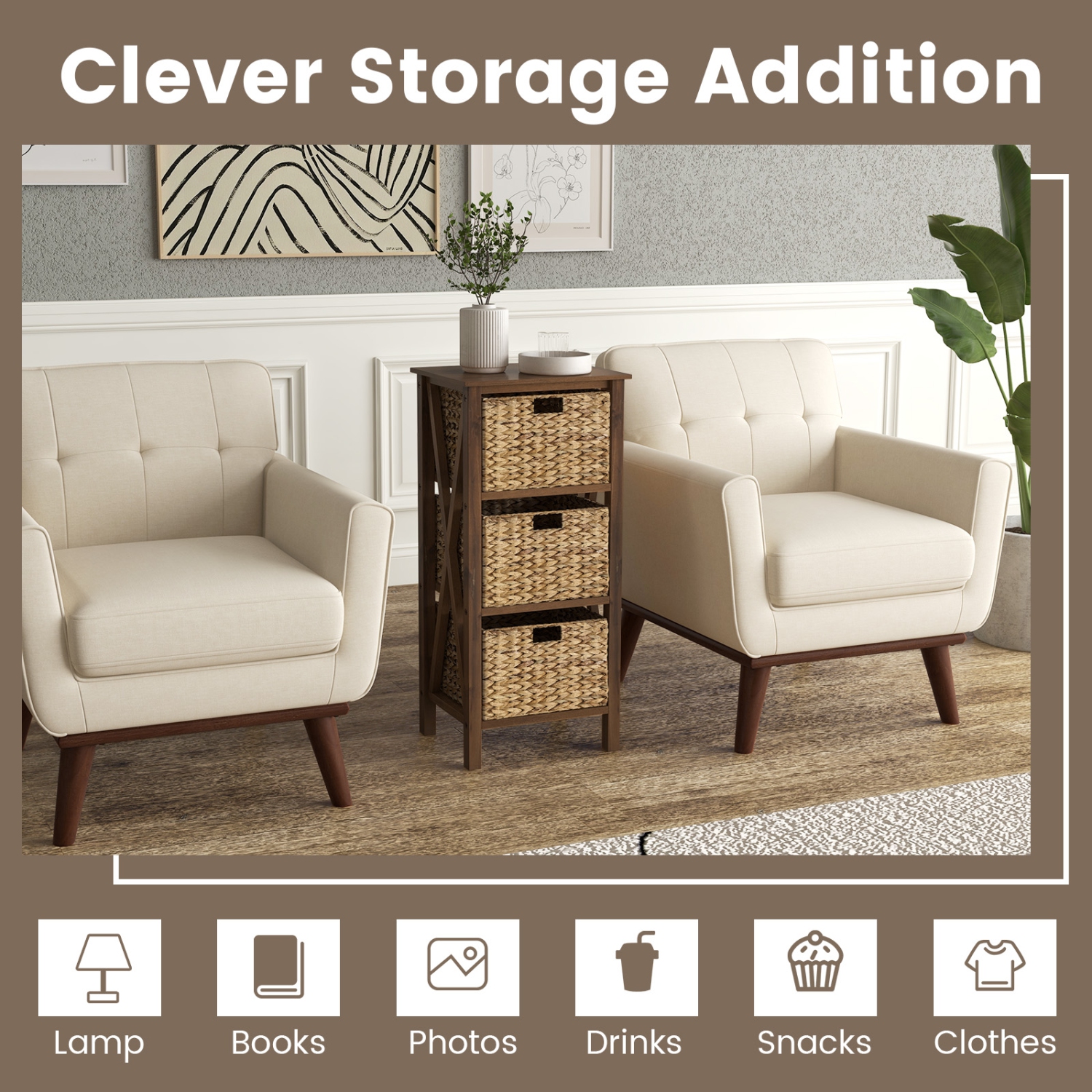 Costway 2 PCS 3-Tier Nightstand with 3 Seagrass Baskets Rubber Wood X-Shaped Frames 3 Drawers