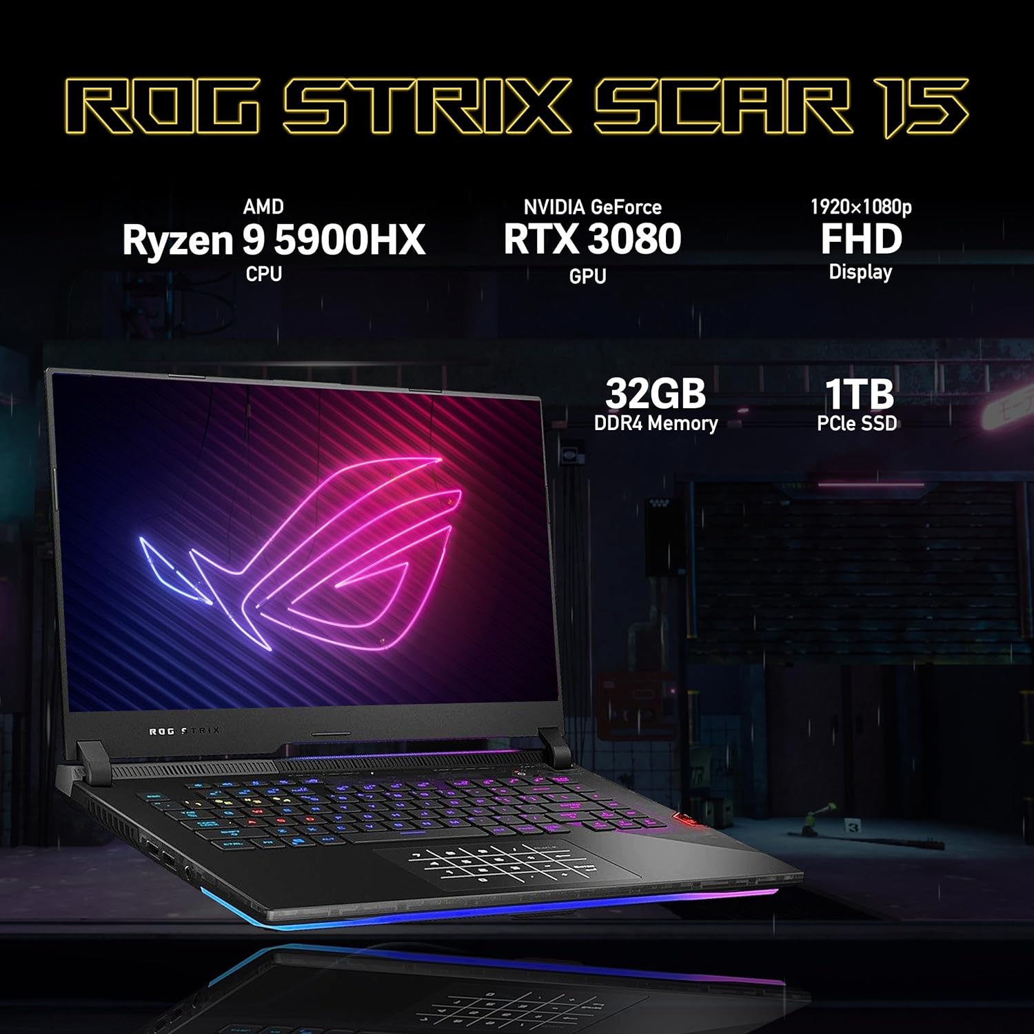ASUS ROG Strix Scar 15 Gaming Laptop, 15.6" 300Hz IPS FHD Display, AMD Ryzen 9 5900HX, 1TB PCIe SSD, 32GB RAM, NVIDIA GeForce RTX 3080, Win 11 Pro,