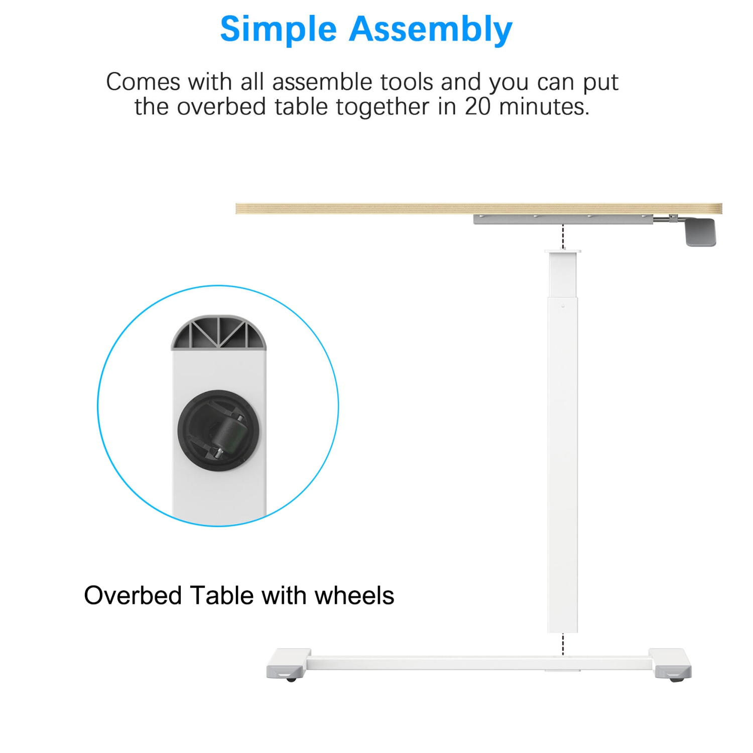 Table de chevet ajustable en hauteur, table de chevet mobile en forme de C avec table de chevet et roulettes dissimulées