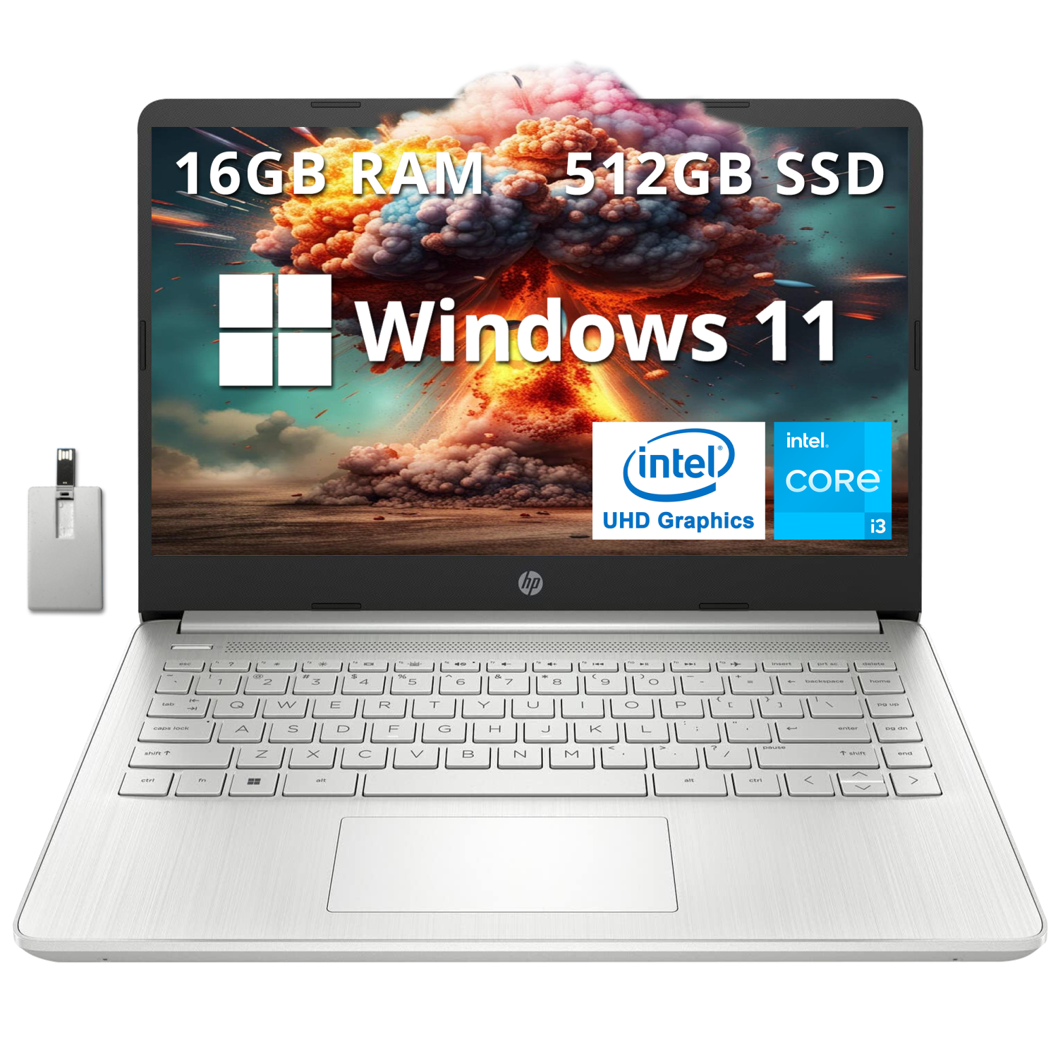 Open Box - HP 14" FHD Anti-Glare Laptop, Intel Core i3-1215U, 512GB PCIe SSD, 16GB RAM, Intel UHD Graphics, Backlit Keyboard, Win 11, Silver, 32GB Hotface USB Card