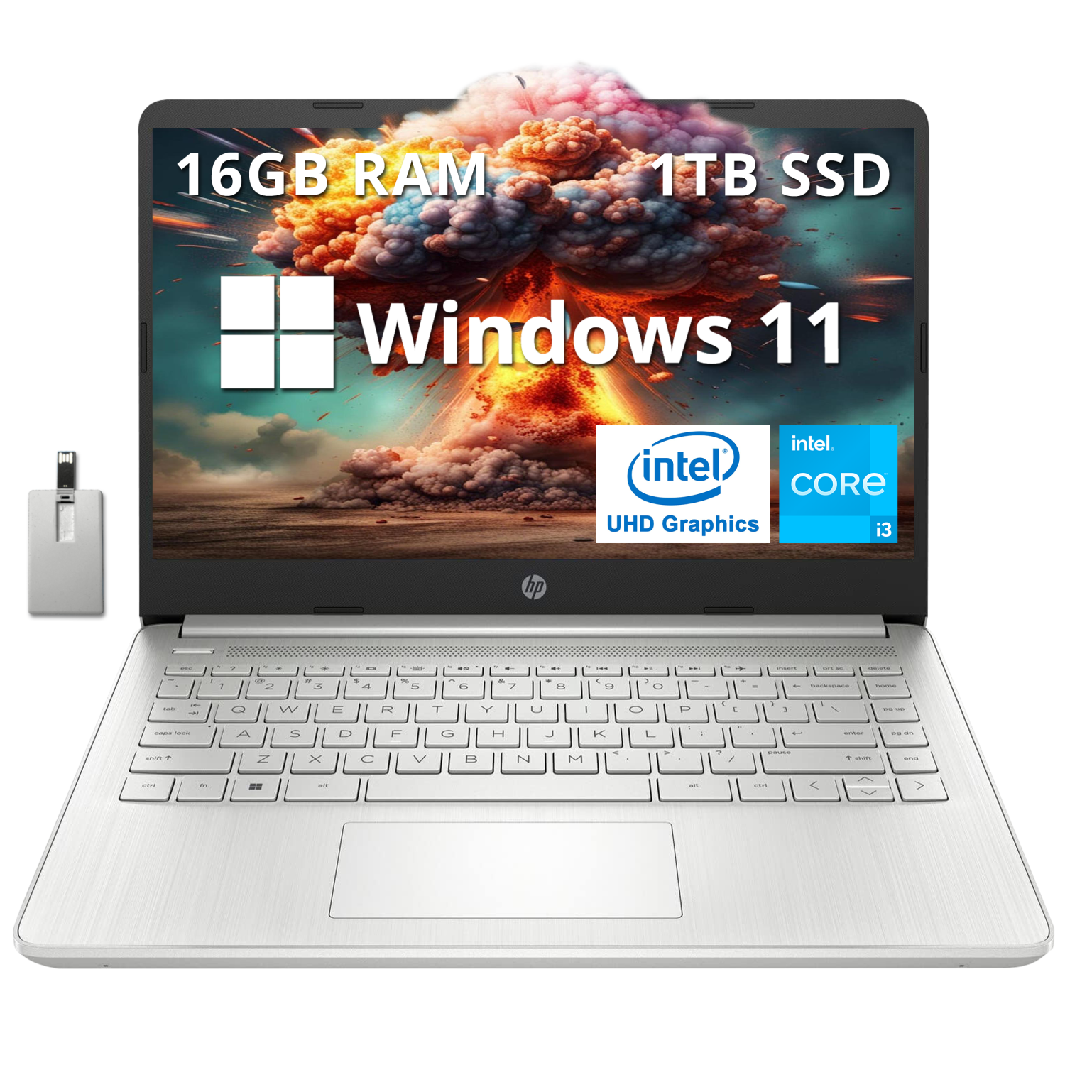 Open Box - HP 14" FHD Anti-Glare Laptop, Intel Core i3-1215U, 1TB PCIe SSD, 16GB RAM, Intel UHD Graphics, Backlit KB, Webcam, Silver, Win 11, 32GB Hotface USB Card