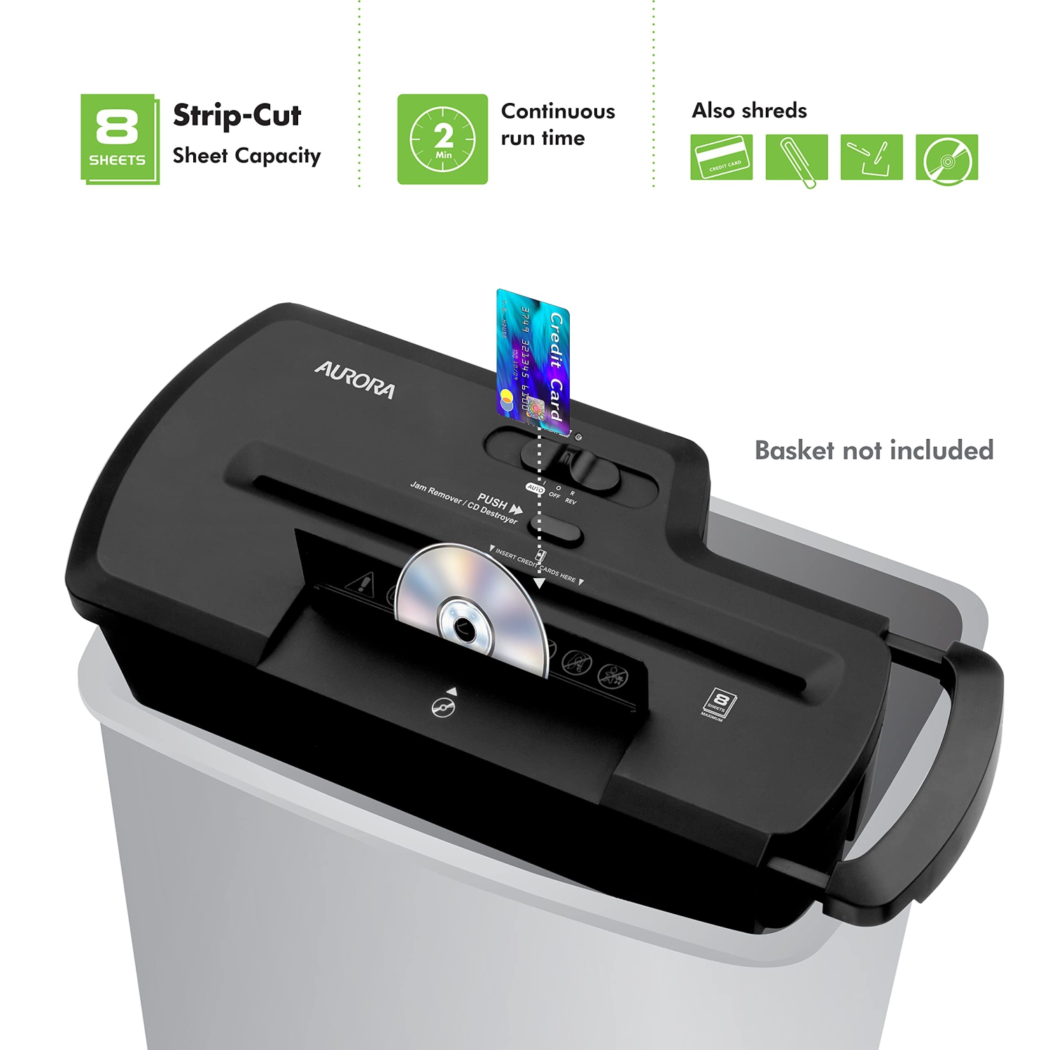 Professional Strip Cut Paper Shredder/CD/Credit Card Shredder Without Wastebasket, 8-Sheet Strip-Cut No Basket