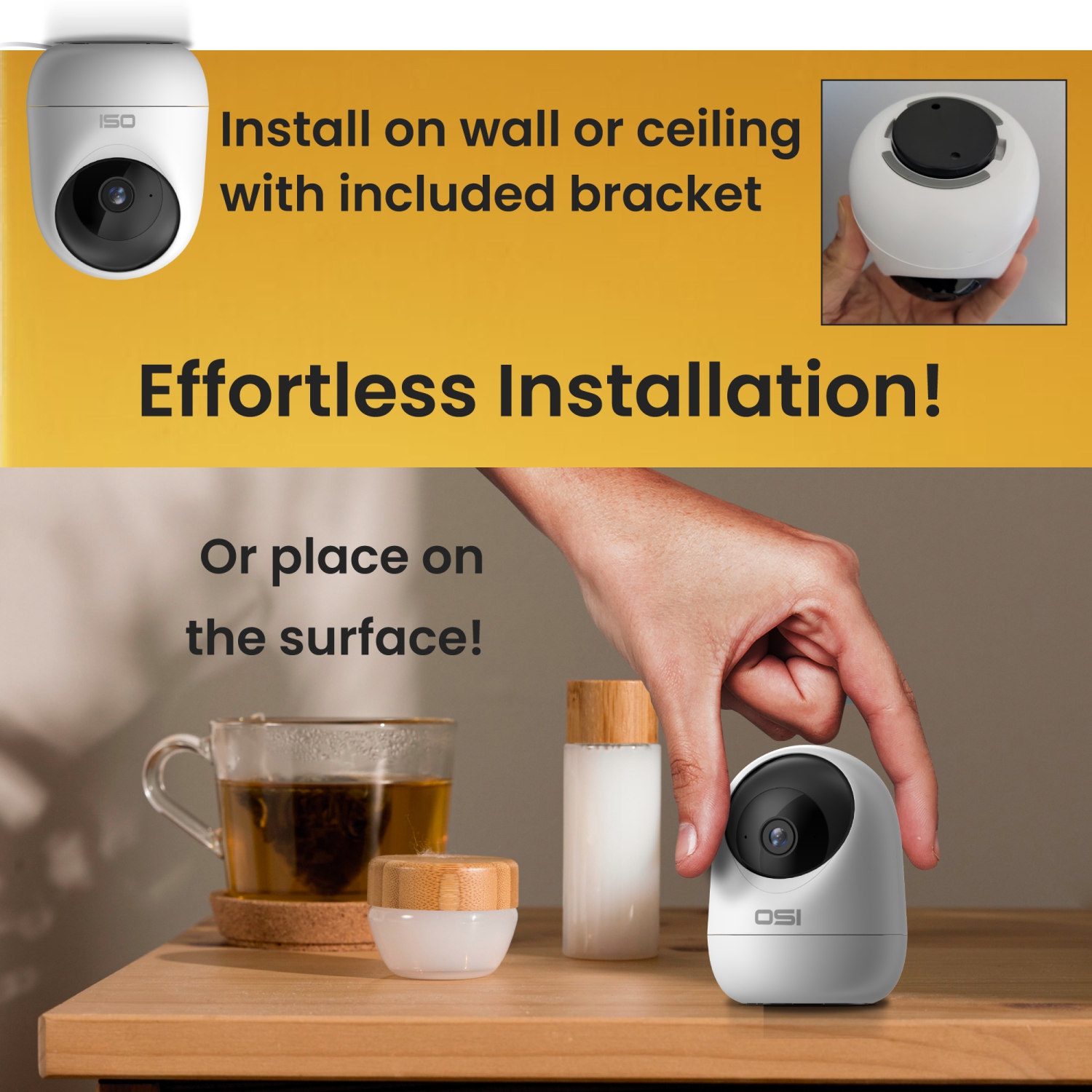 OSI Smart Indoor Wi-Fi Mini PTZ Security Camera - Auto Motion Tracking, Motion Detection, 2-Way Audio, Night Vision, Remote Access, Alexa & Google