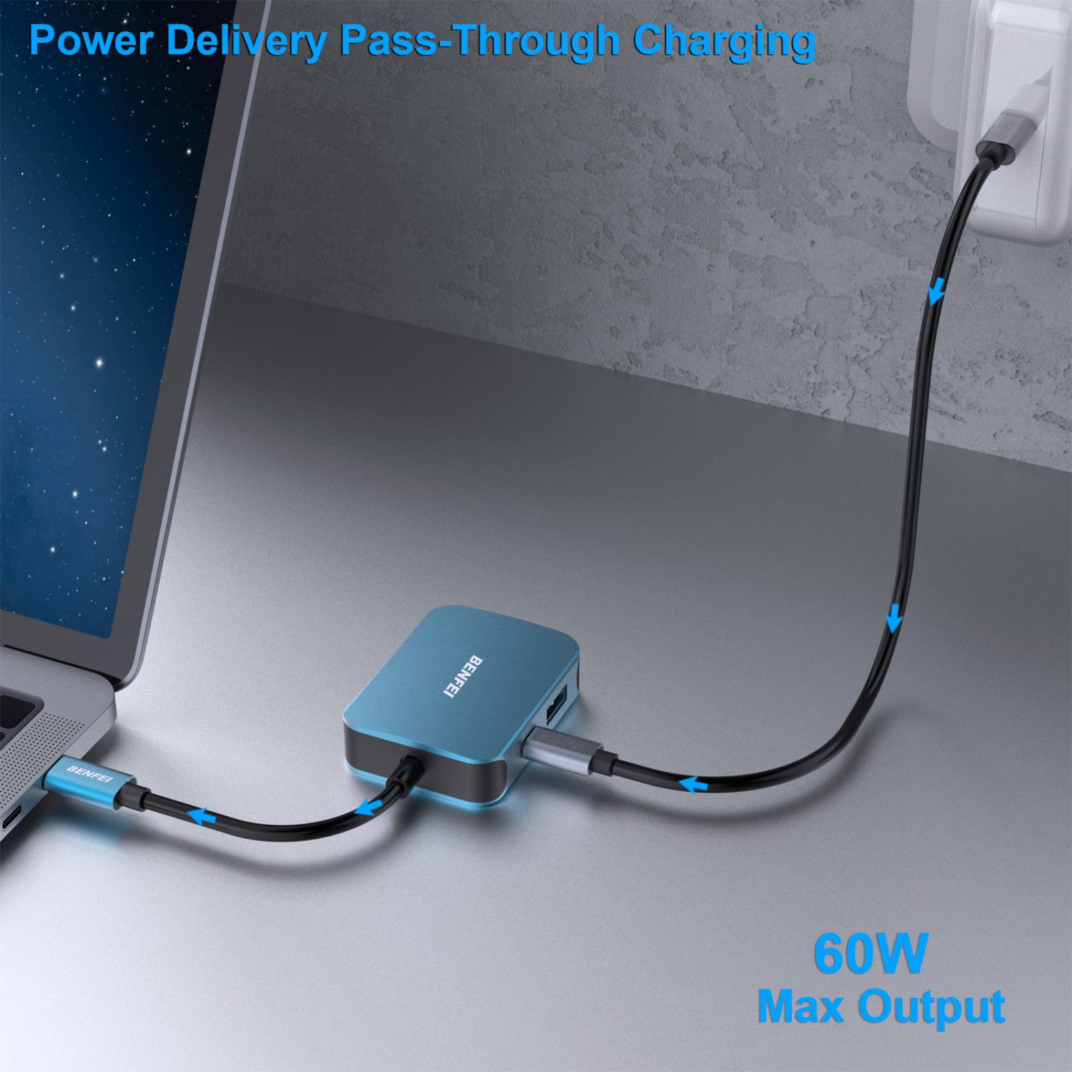 BENFEI 4-in-1 USB C Hub, to HDMI, VGA, USB, Power Delivery for iPhone 15, MacBook, iPad, Blue