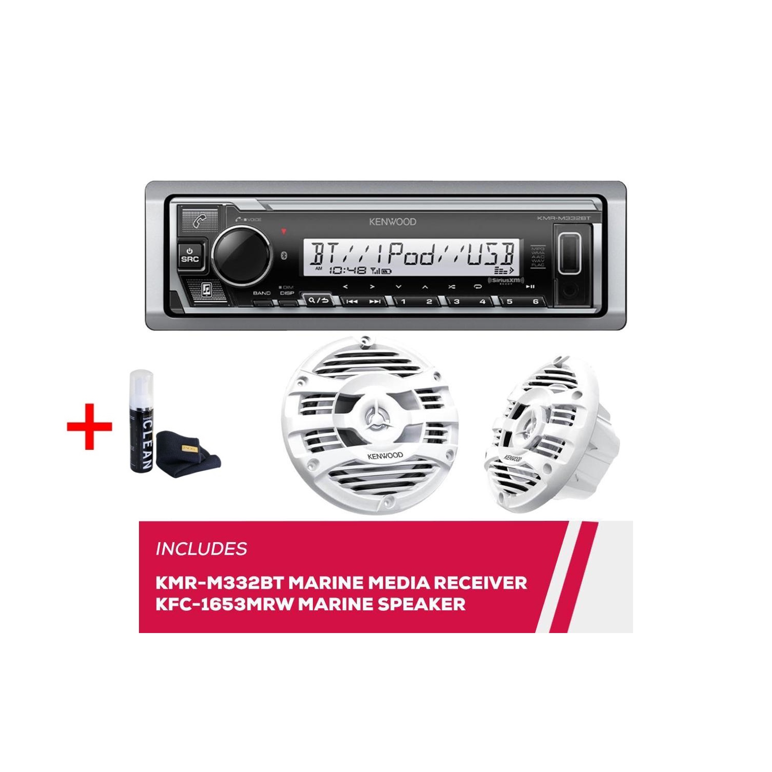 Kenwood KMR-M332BT Marine Digital Media Receiver with KFC-1653MRW 6.5" Speakers (White) and Bonus Zagg Cleaner