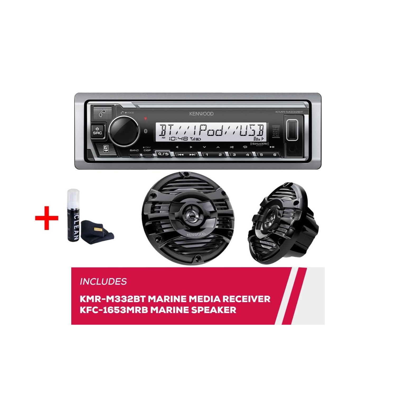 Kenwood KMR-M332BT Marine Digital Media Receiver with KFC-1653MRB 6.5" Speakers (Black) and Bonus Zagg Cleaner