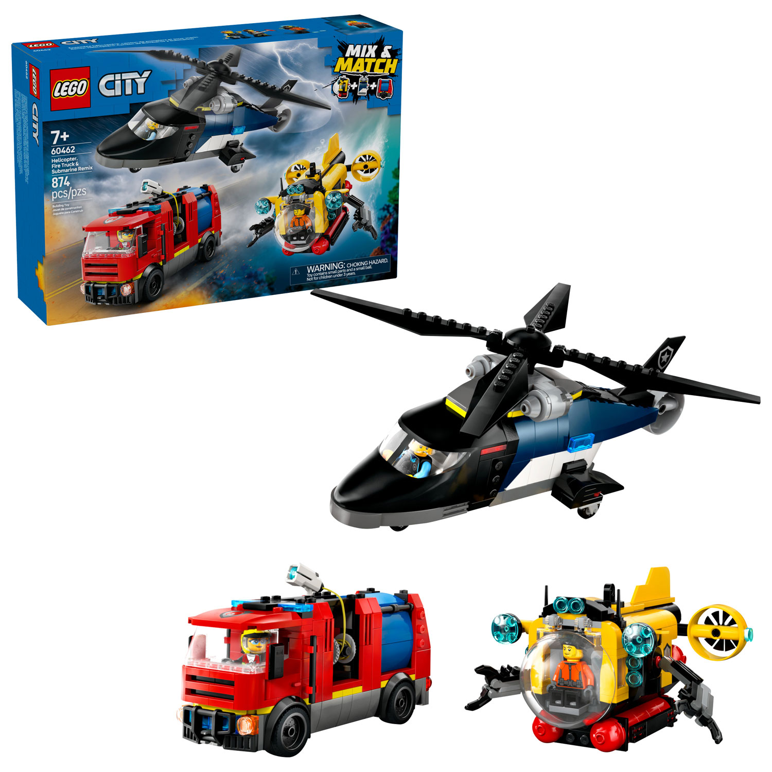 LEGO City : Ensemble hélicoptère, camion de pompiers et sous-marin - 874 pièces