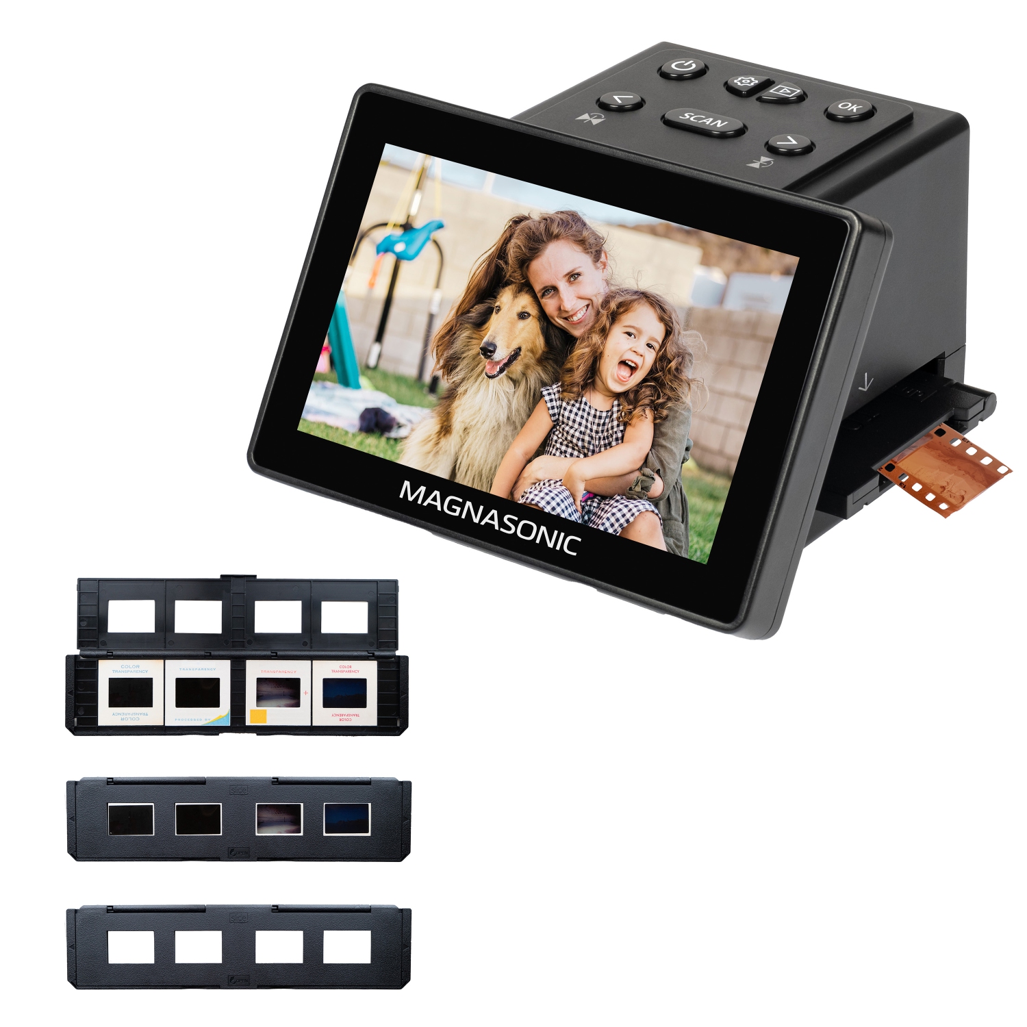 Numériseur de pellicule 25&nbsp;Mpx de Magnasonic avec grand écran de 5 po et HDMI, supports à film à plateau long