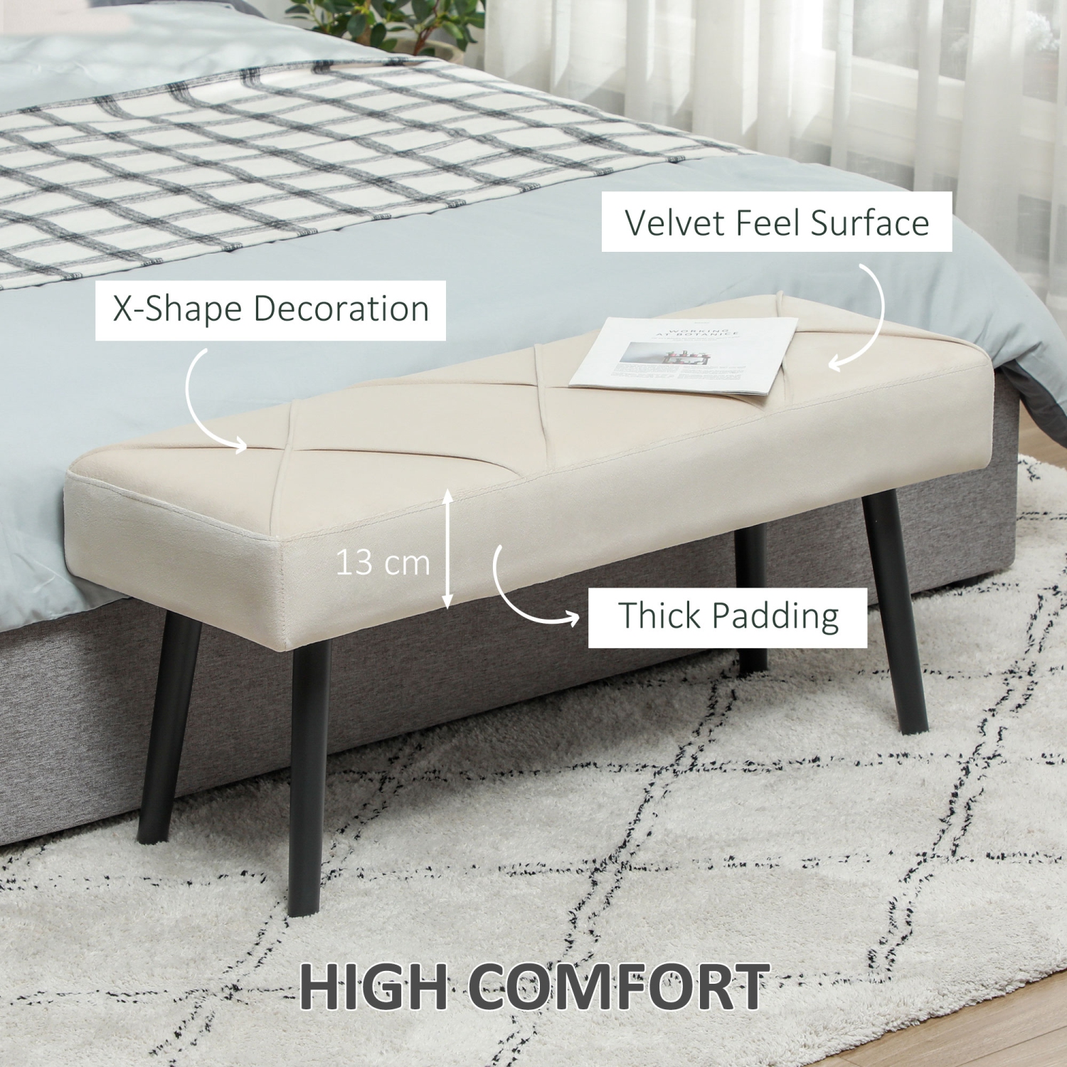 HOMCOM 39" End of Bed Bench, Velvet Upholstered Entryway Bench with Thick Padding & Steel Legs, Multifunctional Footrest for Bedroom, Living Room,